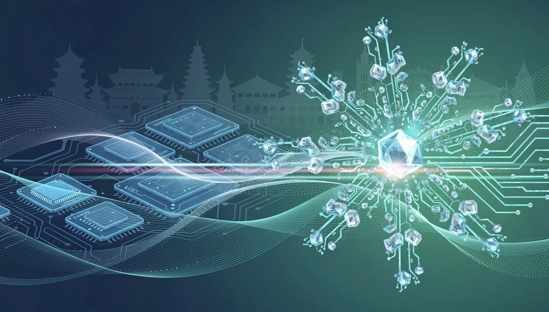 Illustration abstraite de la chaîne de valeur des semi-conducteurs avec structures cristallines et circuits lumineux évoquant la lithographie EUV et la demande IA