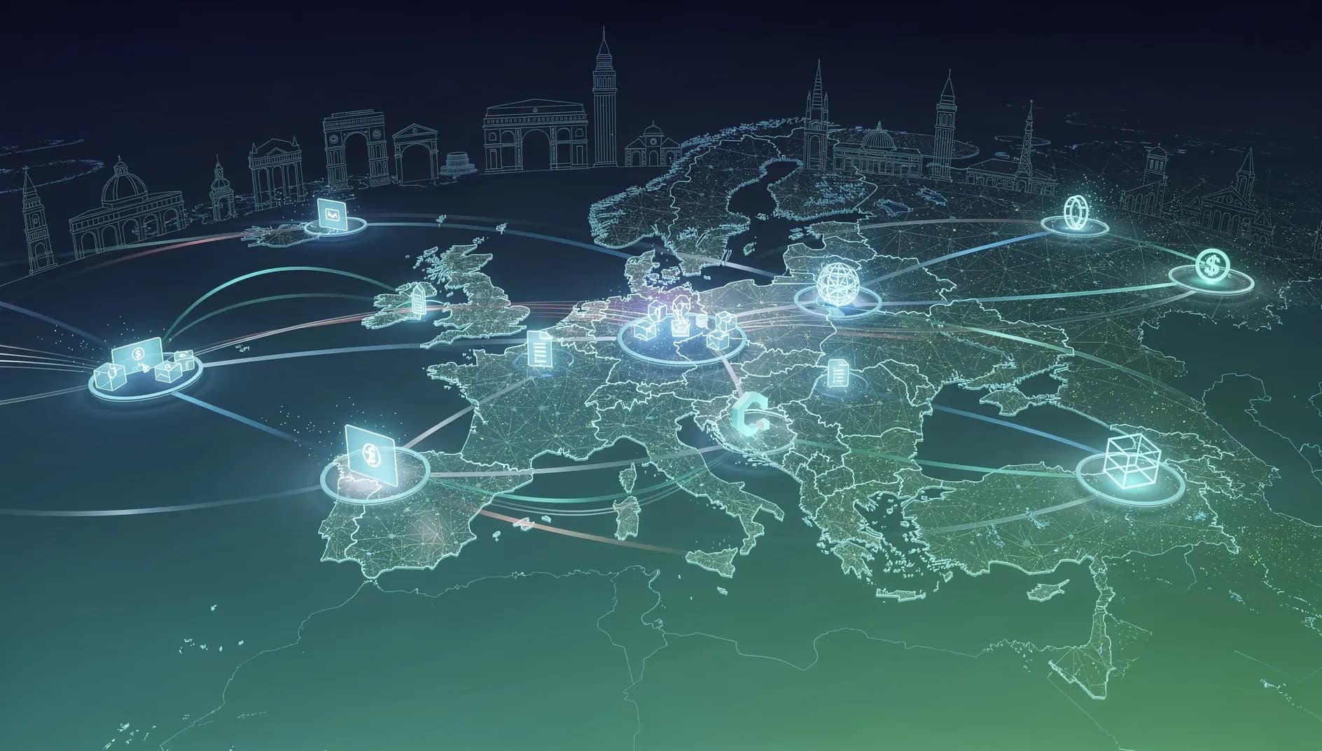 Illustration abstraite d'un réseau de paiement numérique européen avec des flux de données interconnectés symbolisant la souveraineté financière continentale
