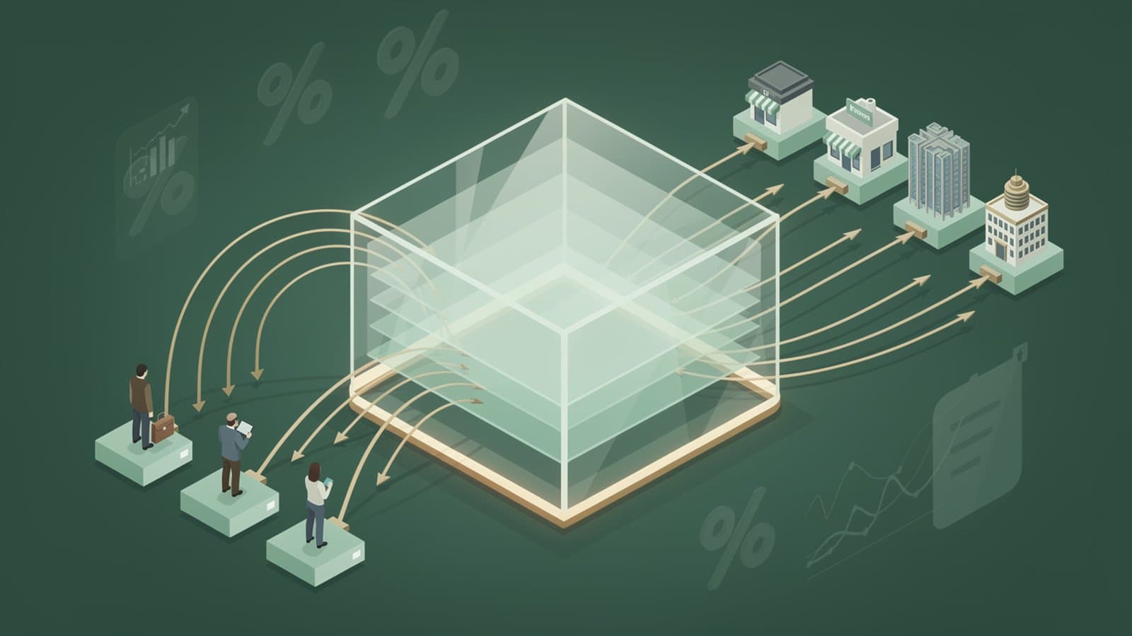 Schéma isométrique du fonctionnement d'une plateforme de crowdlending avec trois flux : investisseurs, plateforme agréée, emprunteurs
