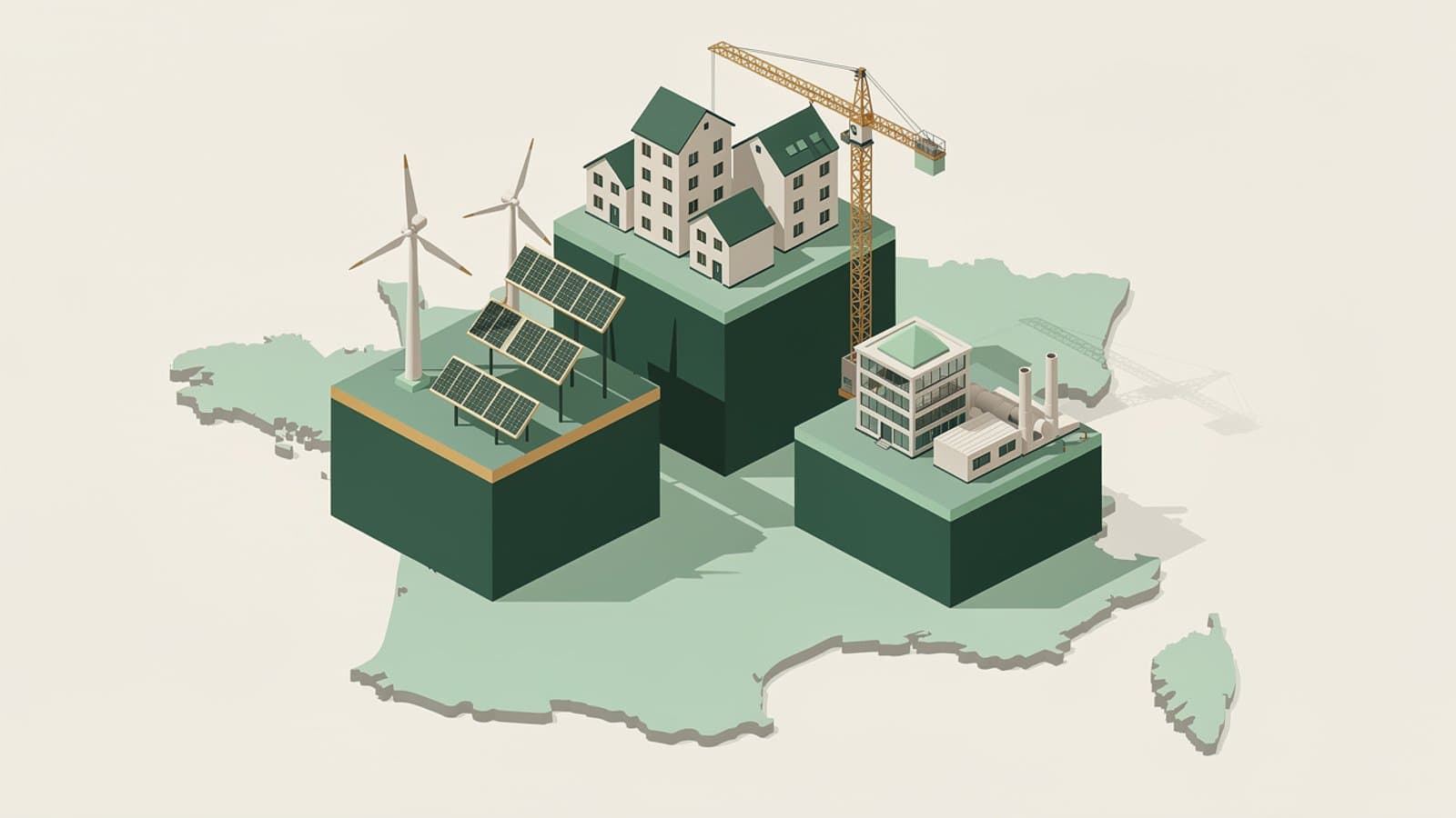 Visualisation isométrique de la répartition du marché français du crowdfunding entre immobilier, énergies renouvelables et PME