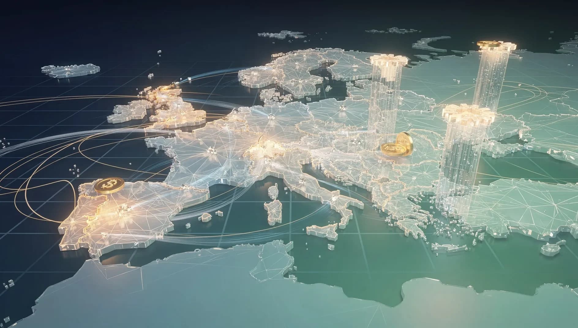 Illustration abstraite de réseaux financiers européens interconnectés sur registres distribués, représentant la tokenisation des actifs