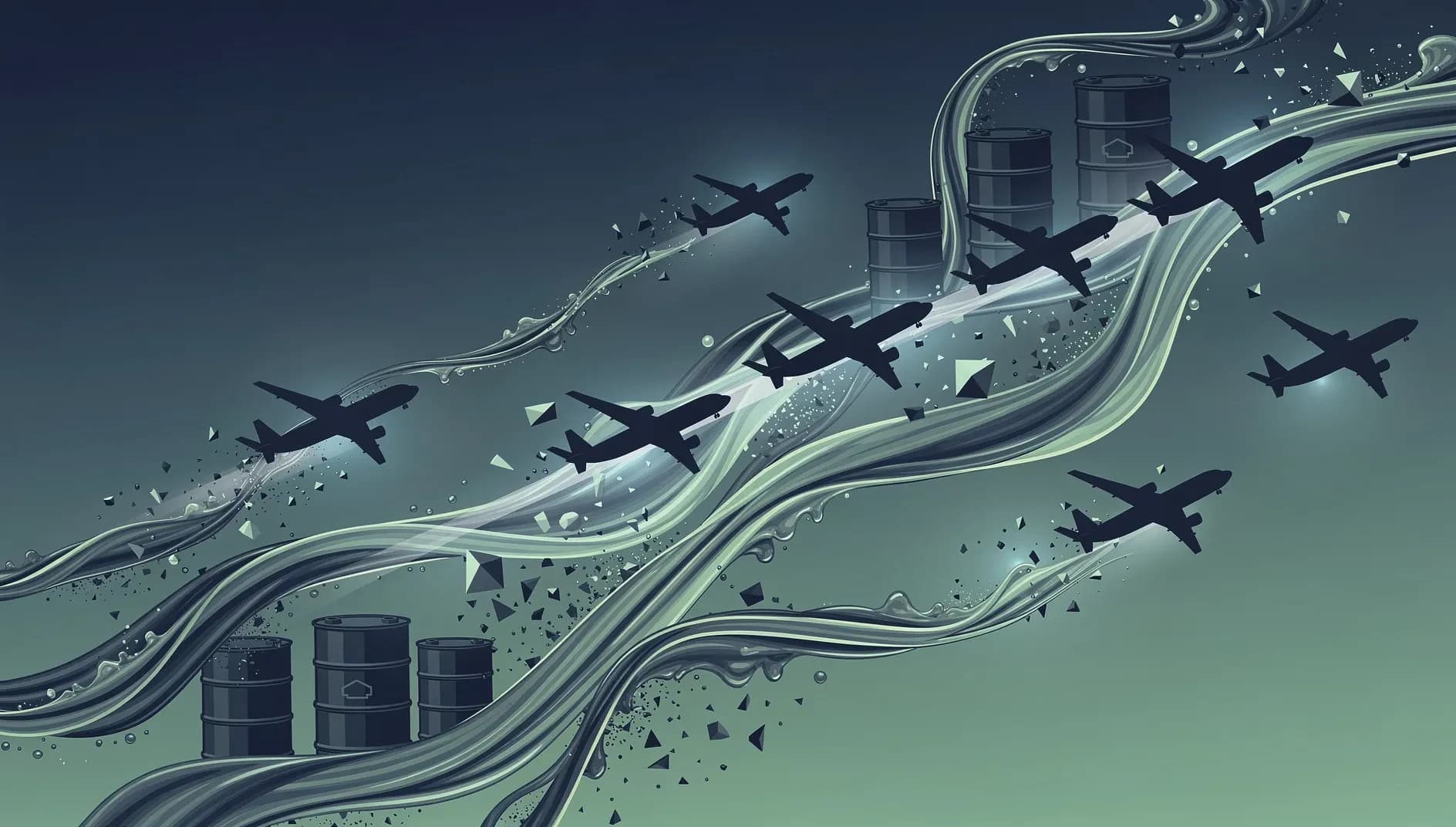 Visualisation abstraite d'avions commerciaux traversant des flux énergétiques en crise, avec des courbes de prix du kérosène en gradient bleu et vert