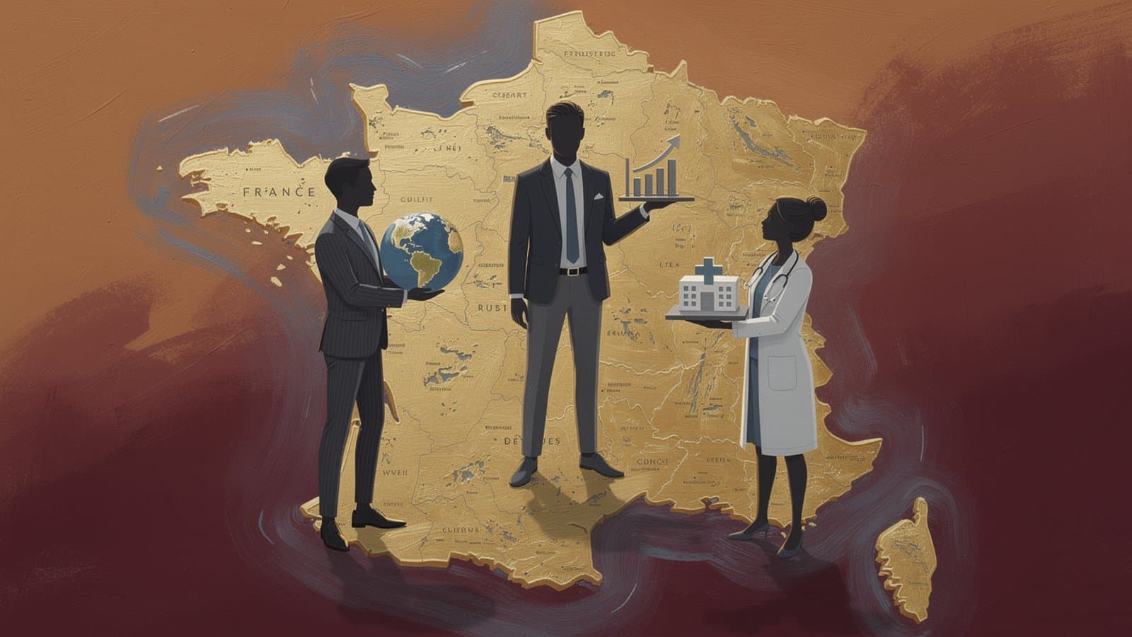 Illustration gouache de profils d'investisseurs fortement imposés cibles du FIP Outre-Mer
