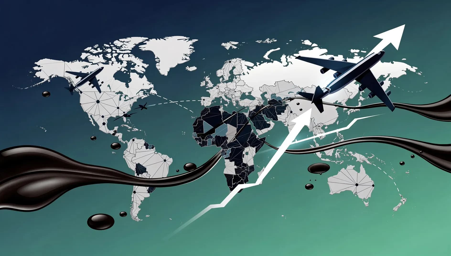 Illustration abstraite d'une crise énergétique dans l'industrie aéronautique mondiale avec des flux de carburant perturbés