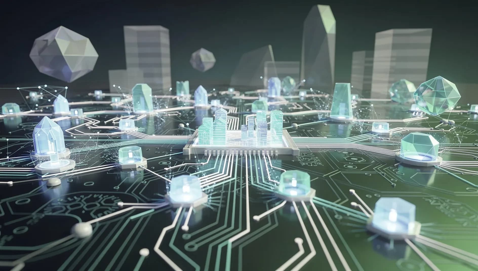 Visualisation abstraite de réseaux d'agents IA interconnectés déployés dans des structures d'entreprise, flux de données et noeuds lumineux sur fond bleu et vert