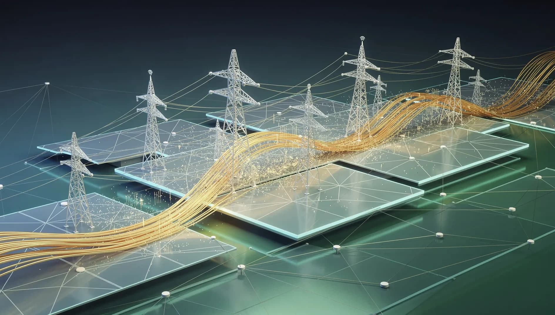 Illustration abstraite d'un réseau de télécommunications fibre et 5G en expansion, flux de données interconnectés sur fond bleu profond et vert émeraude