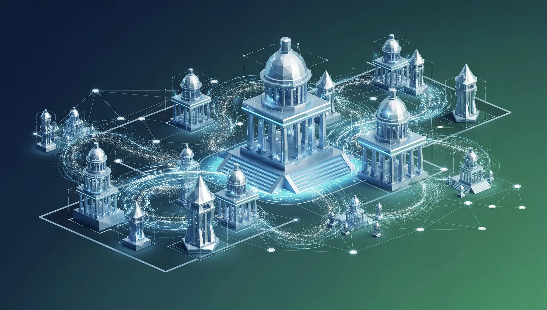 Représentation abstraite des réseaux blockchain et des flux réglementaires numériques entre les États-Unis et l'Europe