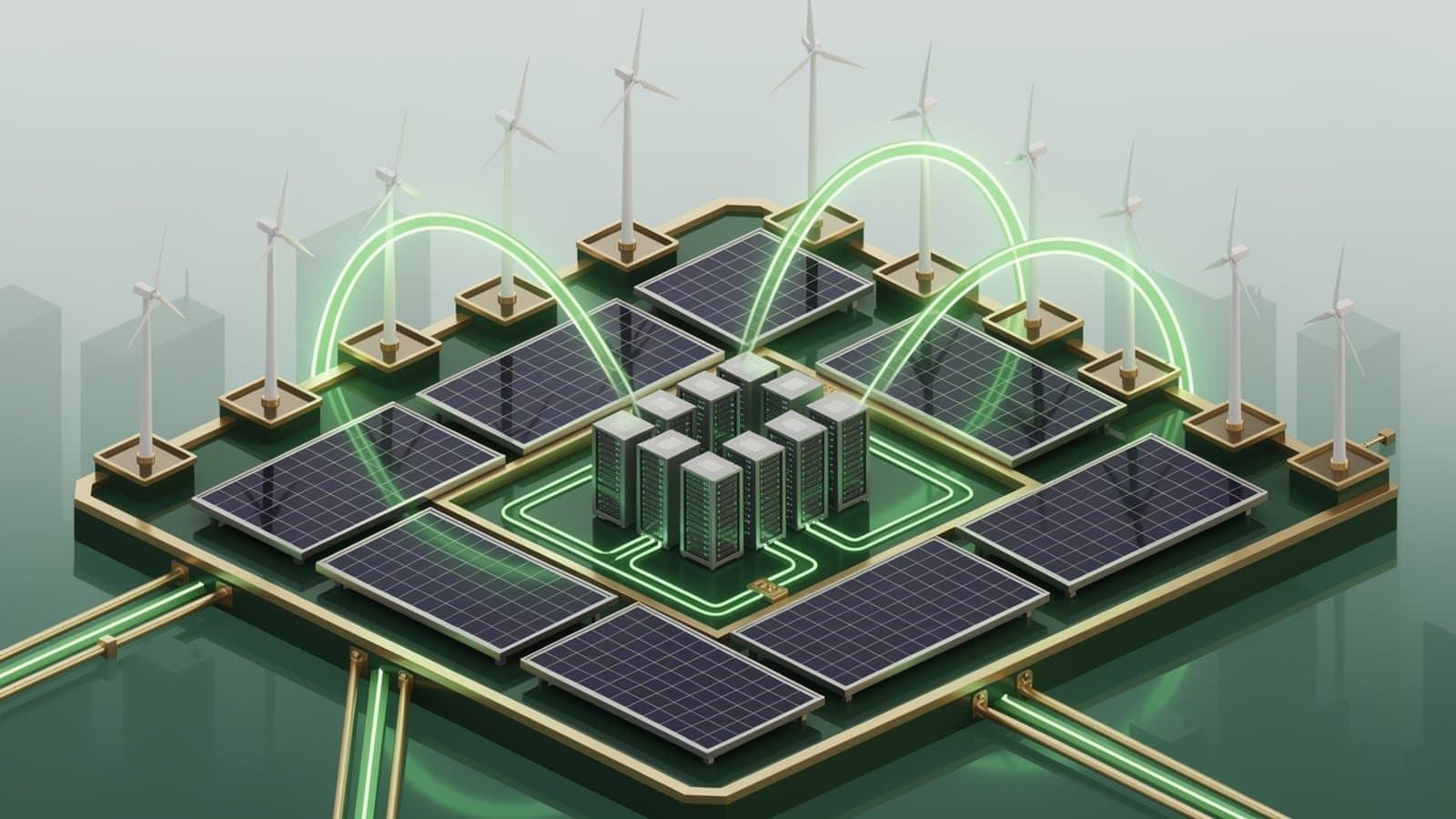 Illustration d'un data center alimenté à 100 % par des énergies renouvelables solaires et éoliennes