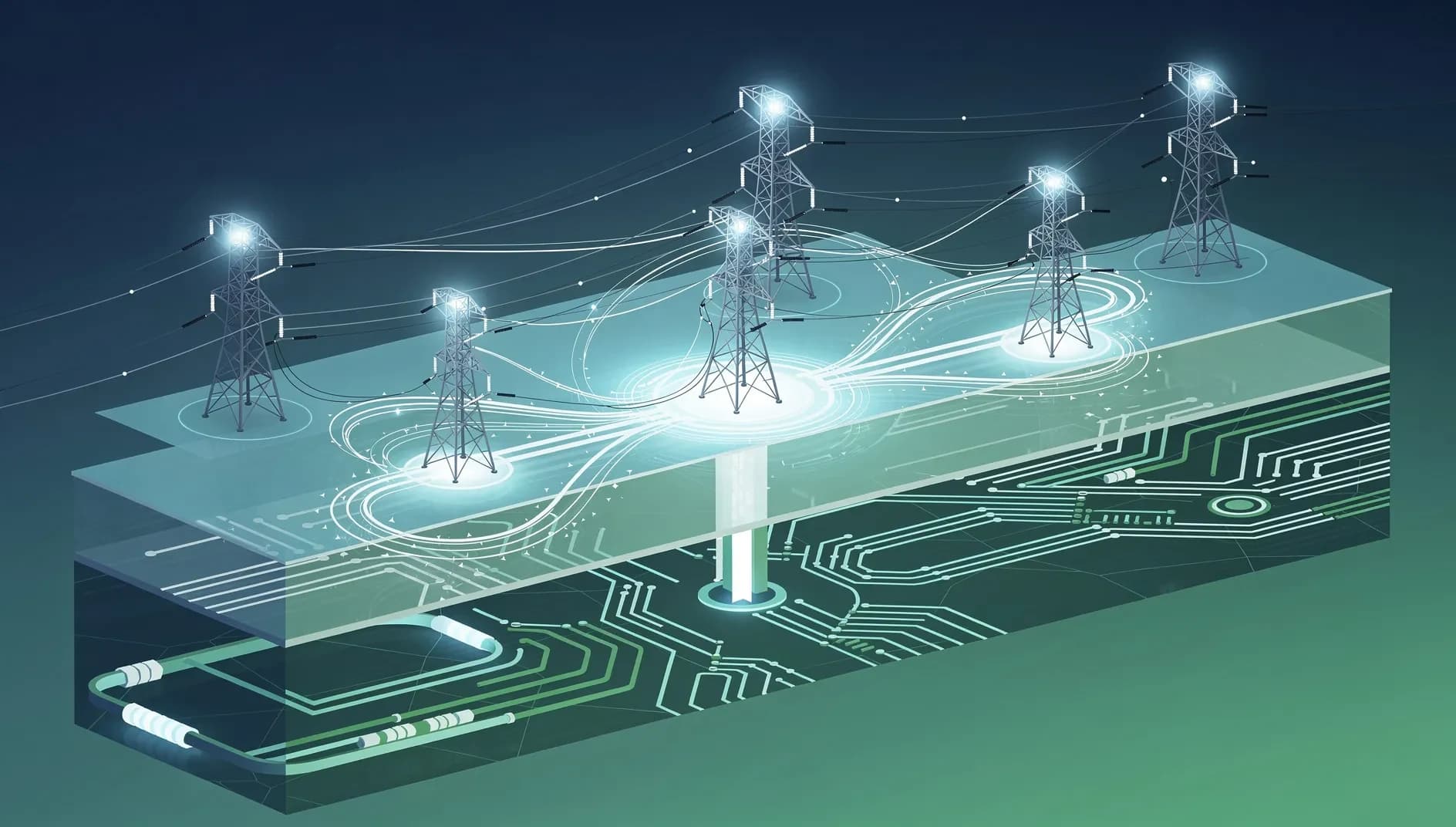 Illustration abstraite de réseaux d'énergie électrique et d'infrastructures de distribution, symbolisant la transition énergétique d'un grand groupe d'utilité publique européen