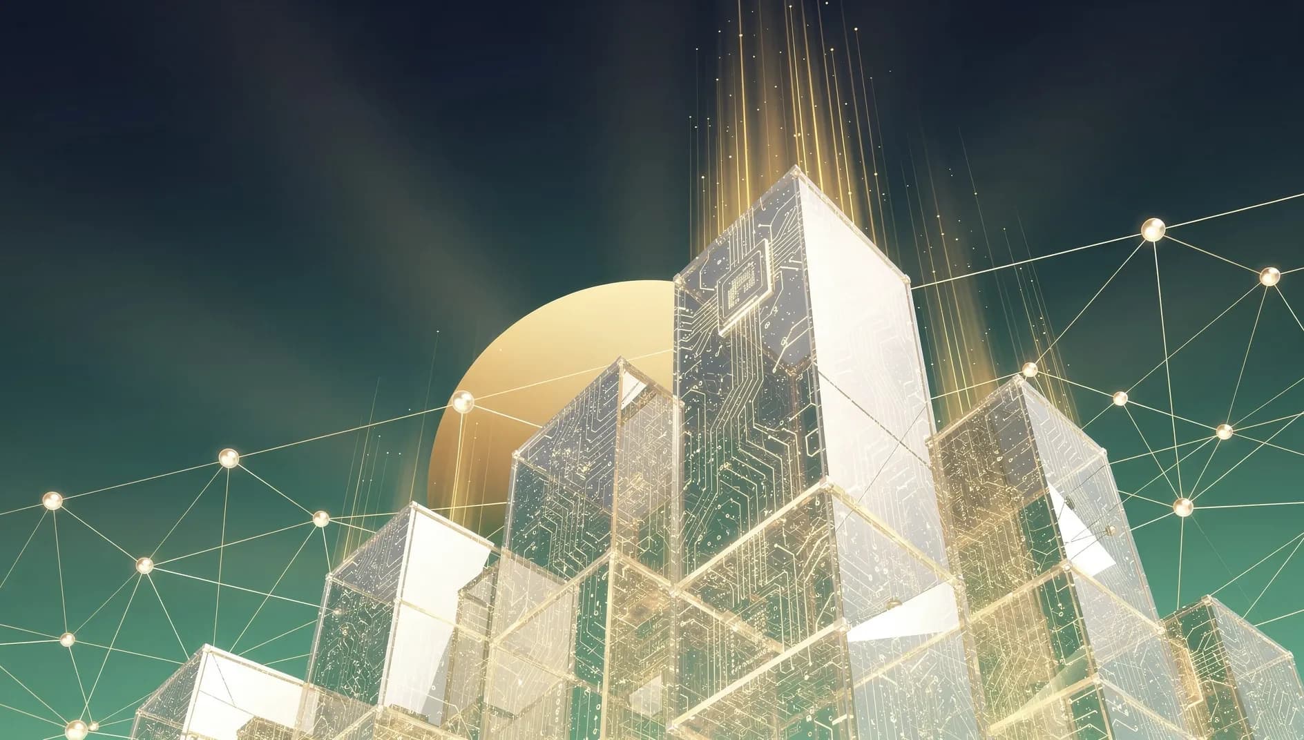Visualisation abstraite d'un marché boursier asiatique en envolée avec des structures technologiques cristallines et des flux énergétiques ascendants évoquant la chaîne mondiale des semiconducteurs
