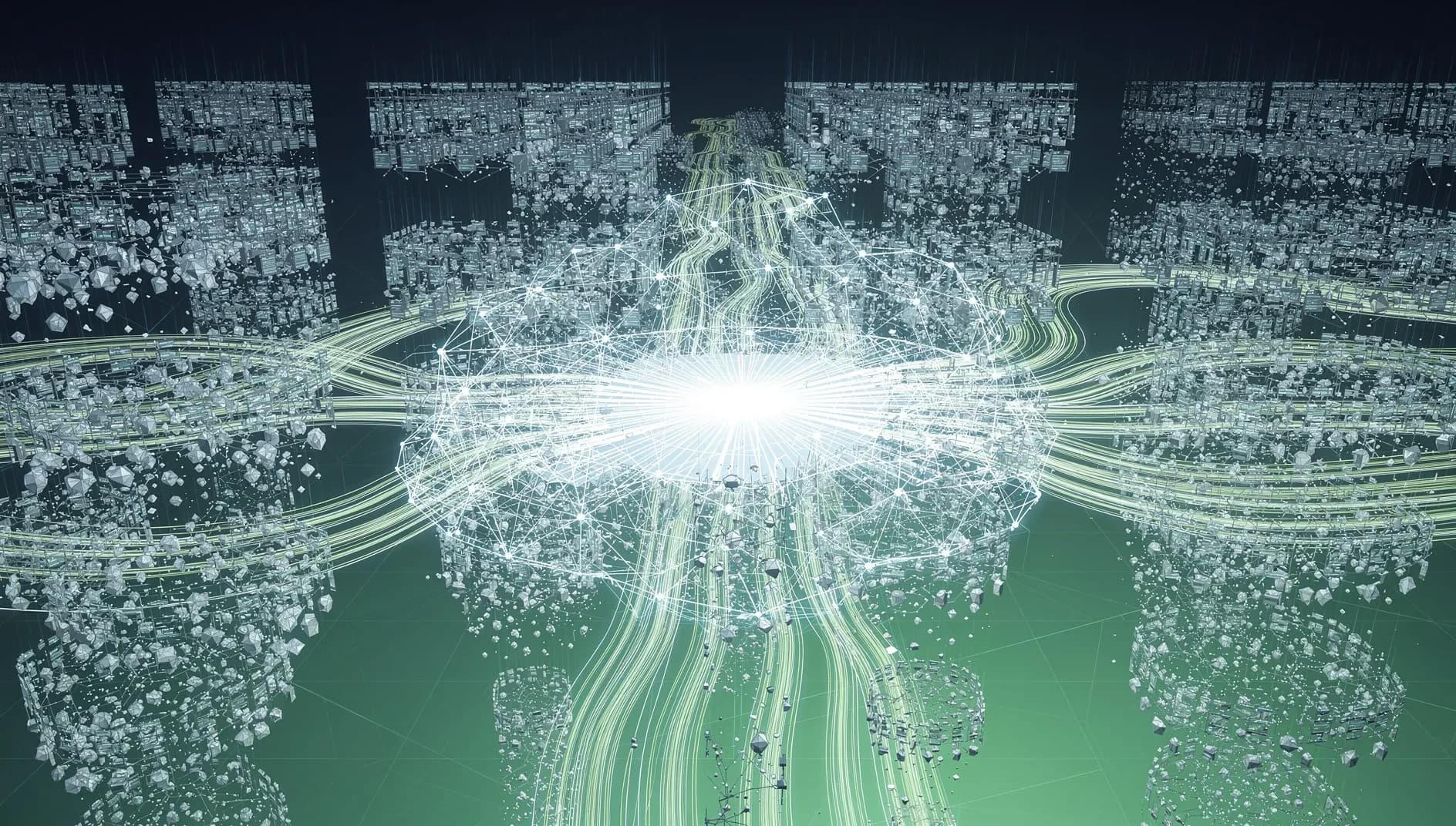 Visualisation abstraite d'un cluster d'infrastructure cloud à très grande échelle, dégradé bleu profond et vert, représentant la nouvelle économie de l'intelligence artificielle