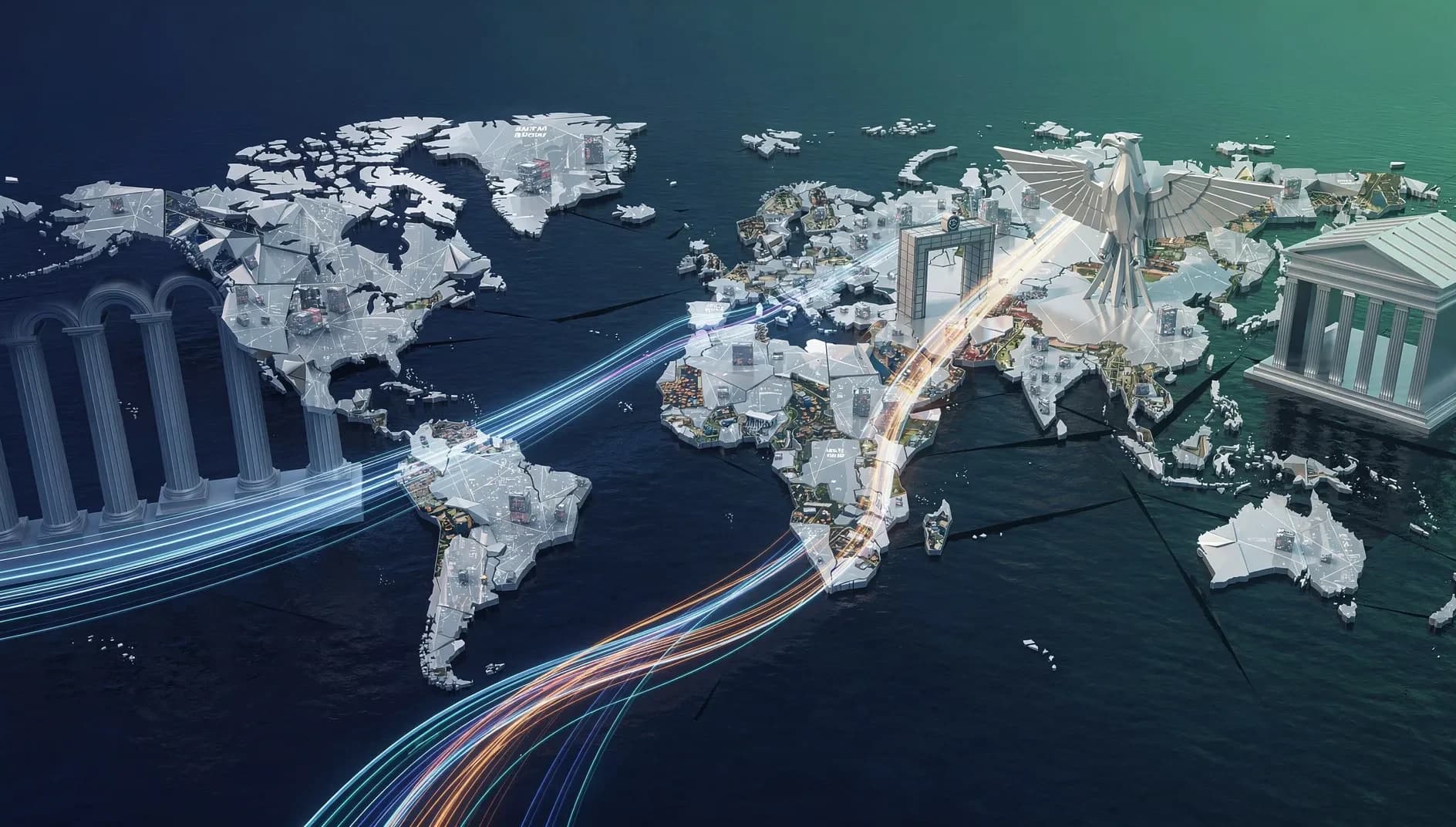 Visualisation abstraite de flux commerciaux transatlantiques avec barrières fragmentées, tons bleu profond et vert émeraude évoquant la tension UE États Unis