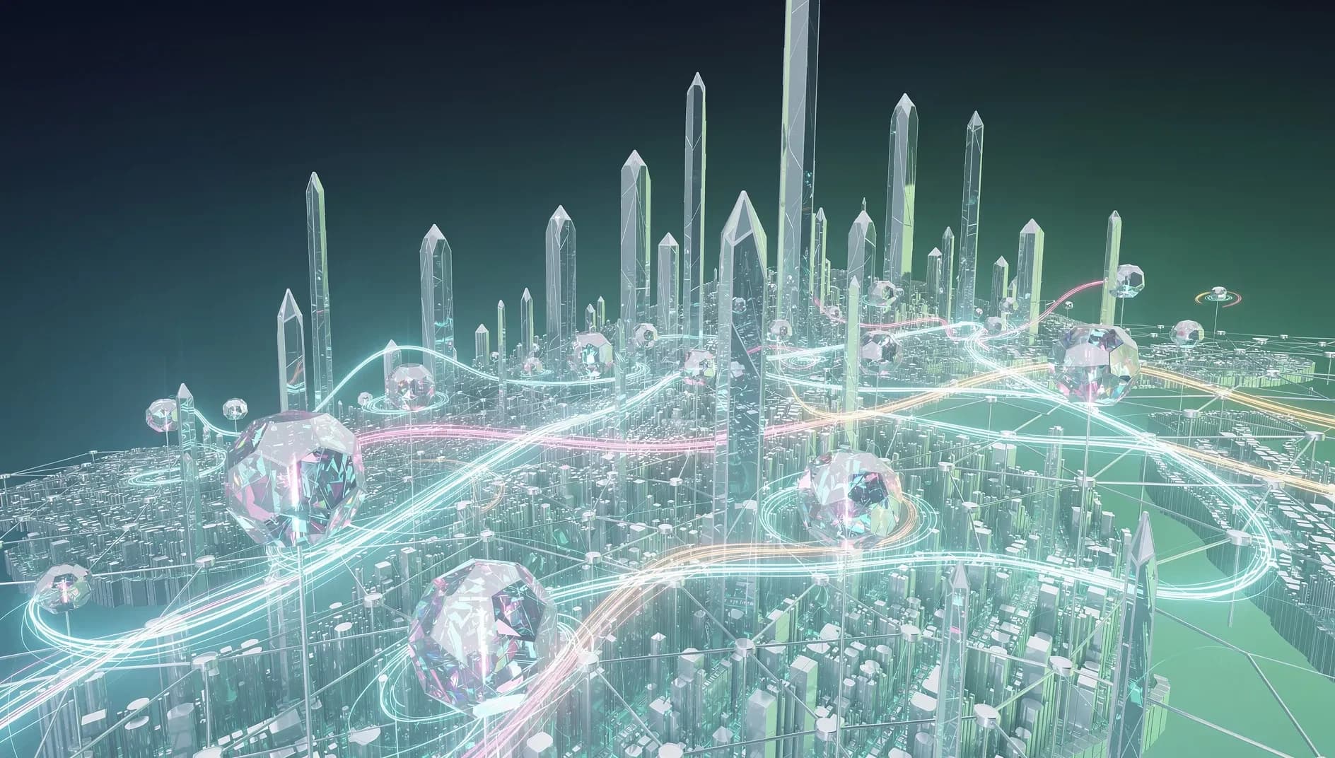 Visualisation abstraite de noeuds en réseau interconnectés représentant le flux de valeur dans l'économie numérique de l'intelligence artificielle, dégradé bleu profond et vert émeraude