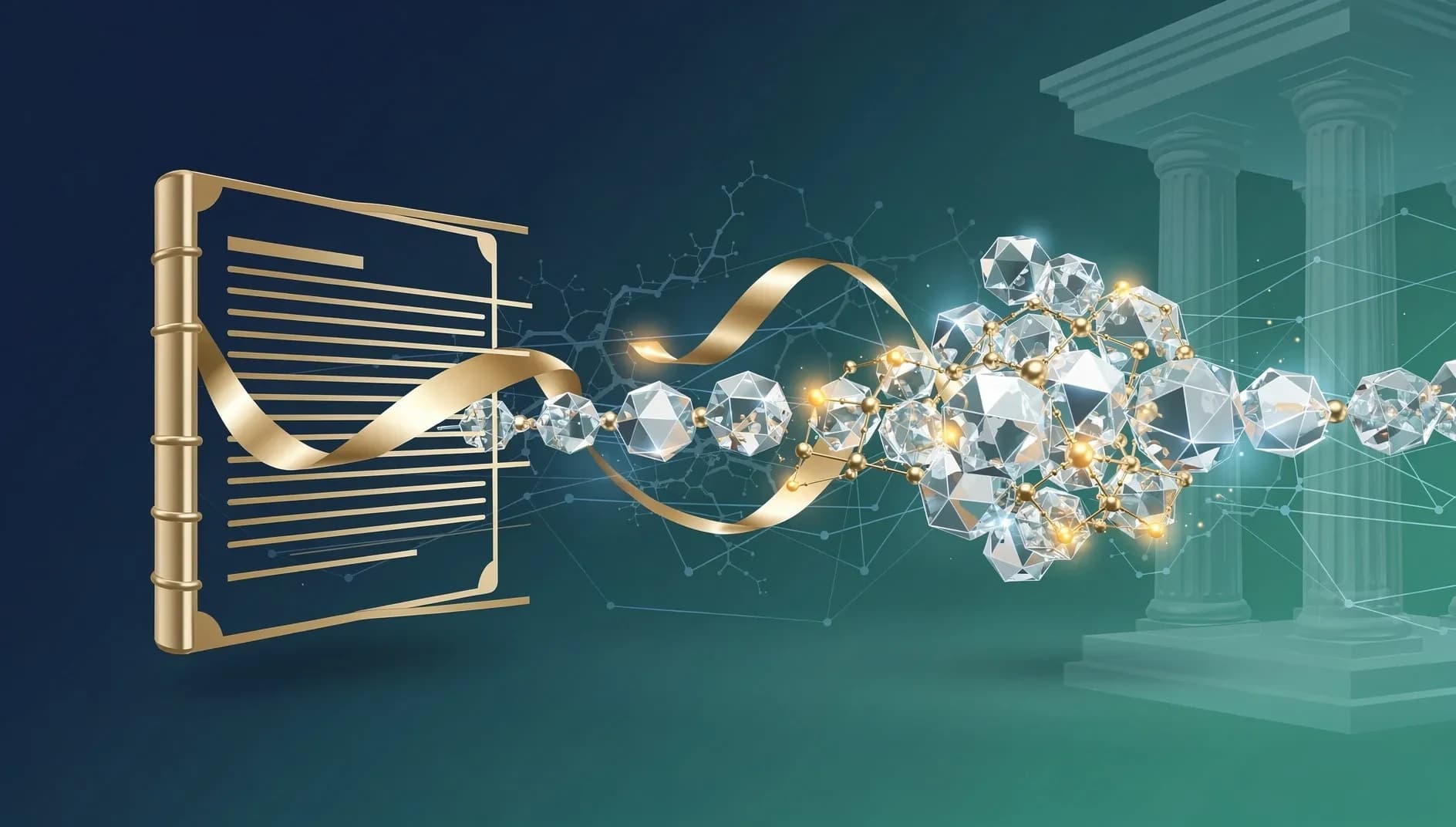 Visualisation abstraite d'un registre numérique fusionnant avec une chaîne de blocs cristalline, symbole de l'intégration entre les registres d'actionnaires traditionnels et l'infrastructure tokenisée