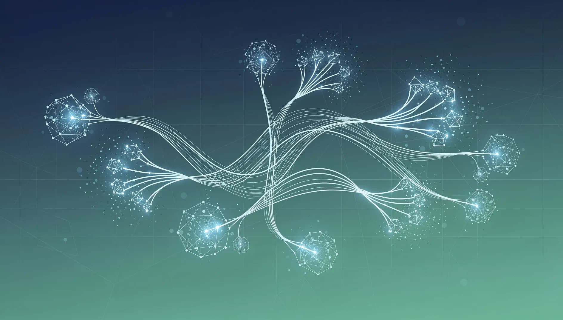Visualisation abstraite d'agents d'intelligence artificielle collaborant avec des flux de travail humains, illustrant la transformation du logiciel d'entreprise