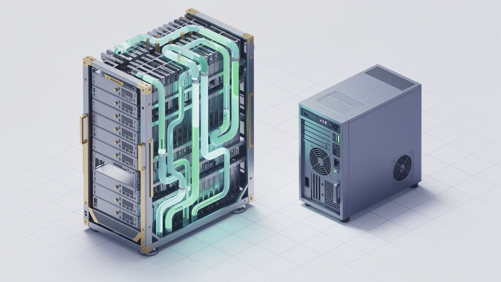 Salle de data center IA avec racks GPU NVIDIA et système de refroidissement liquide