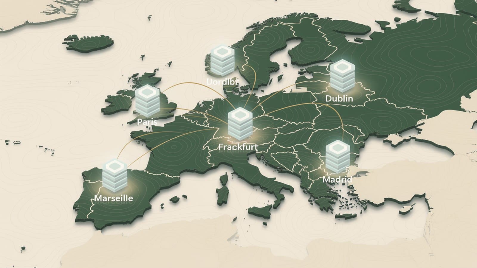 Carte du marché européen data center : Paris, Marseille, Dublin, Francfort, Amsterdam, Madrid