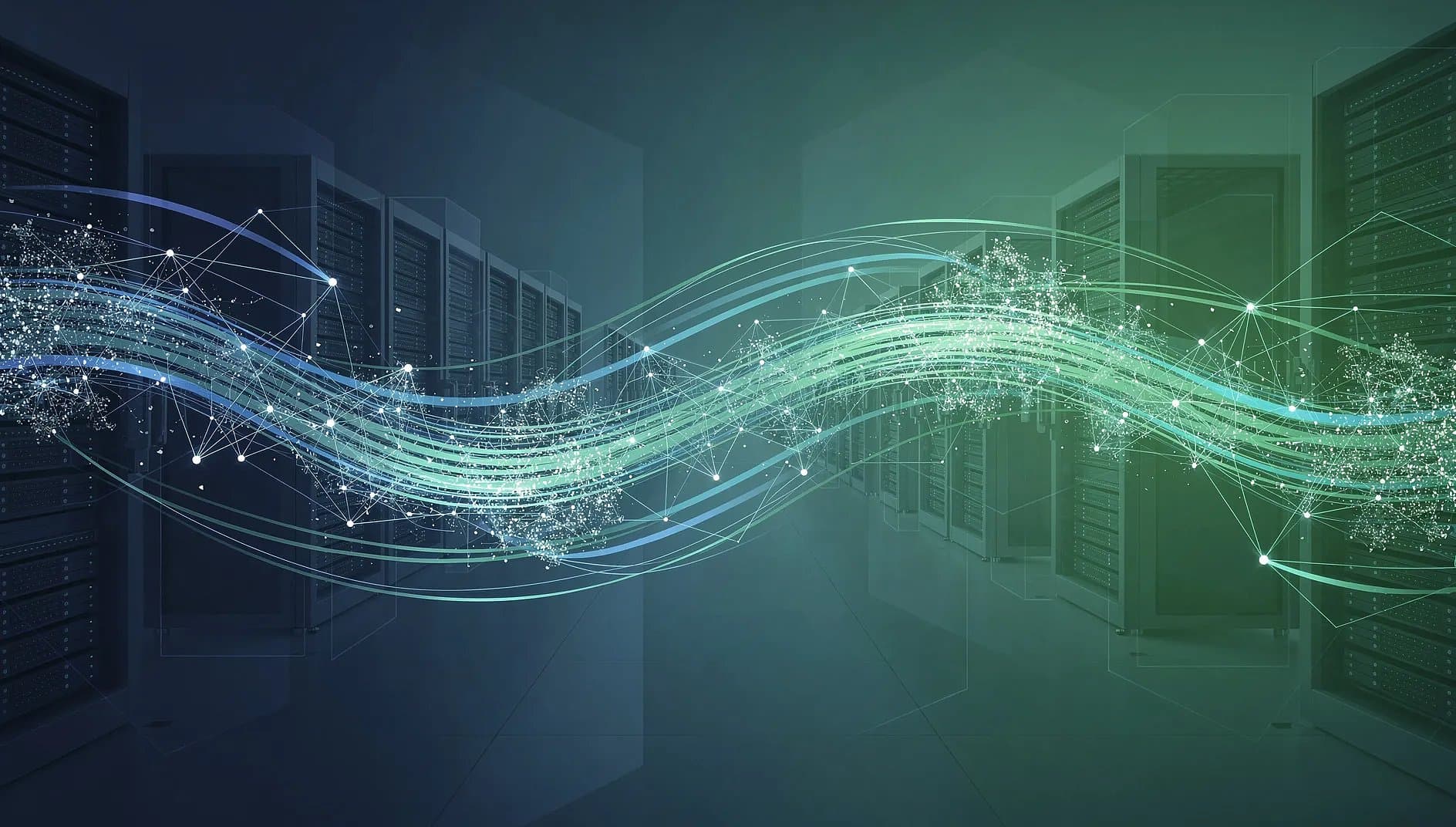 Visualisation abstraite d'un centre de données dédié à l'intelligence artificielle, avec circuits lumineux et flux de données interconnectés sur fond bleu profond et vert émeraude