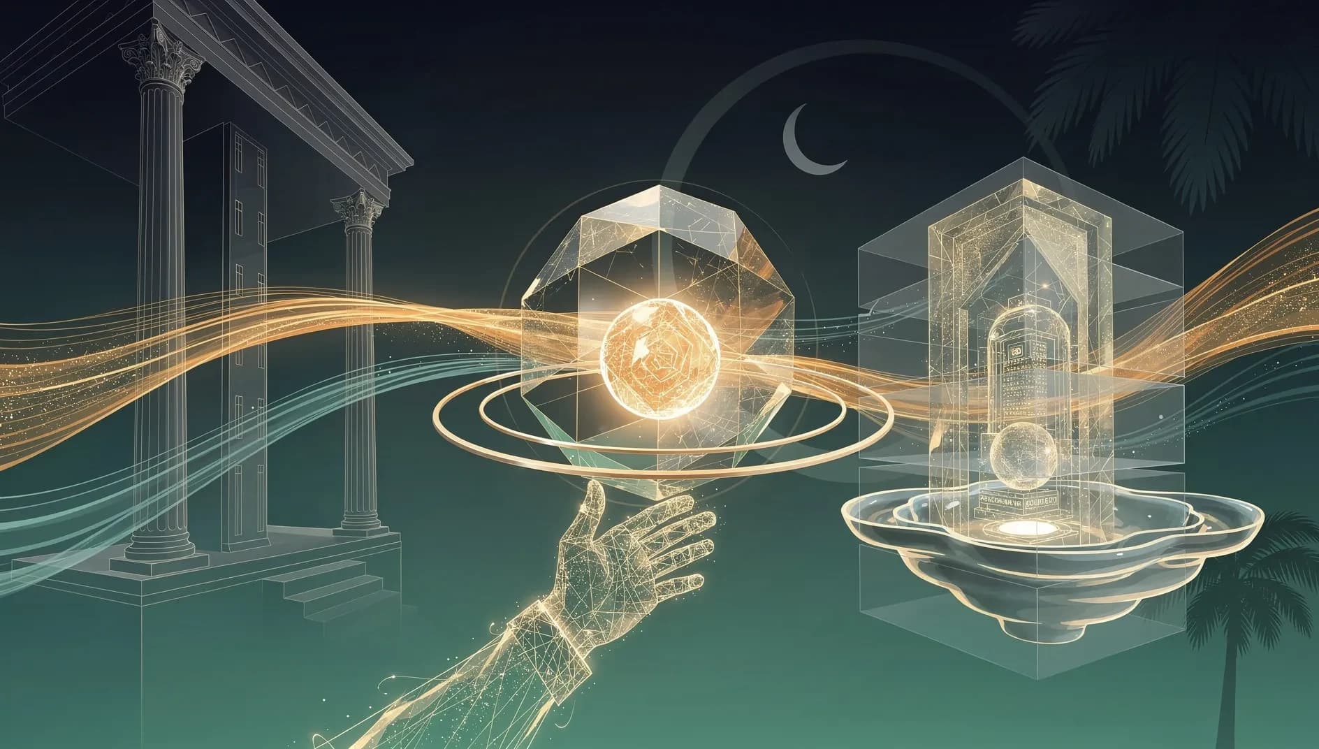 Illustration abstraite représentant la transition d'une entreprise cotée vers le capital privé, avec des flux de capitaux convergents et des structures architecturales institutionnelles dans des tons bleu profond et vert émeraude