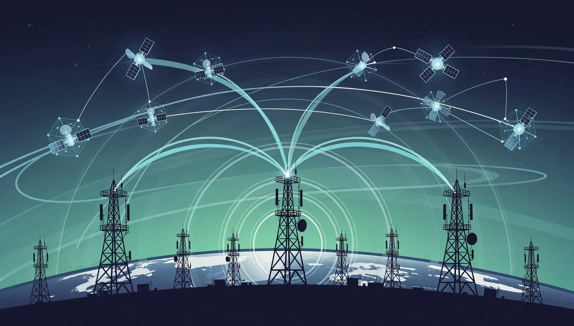 Illustration abstraite représentant la convergence entre réseaux cellulaires terrestres et satellites en orbite basse, avec des ondes radio circulant entre antennes et constellations, dans des tons bleu profond et vert émeraude