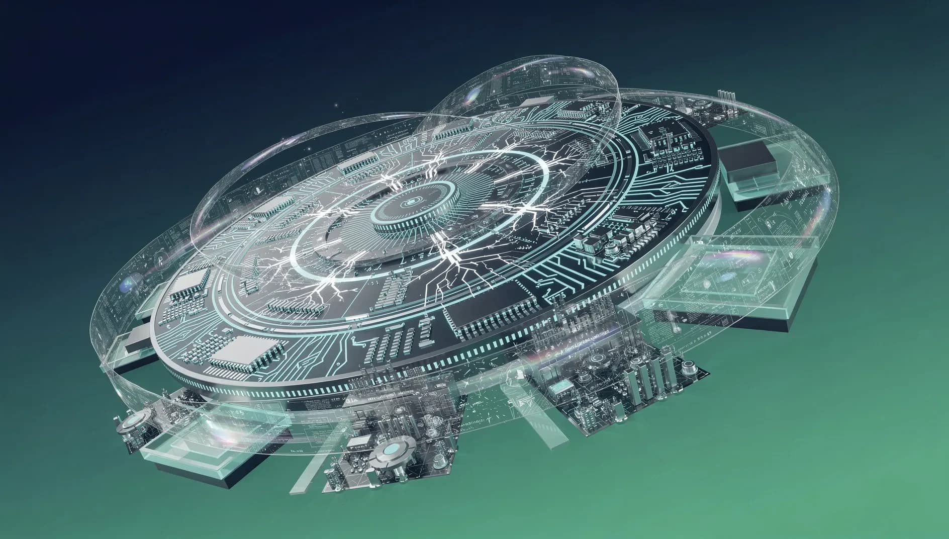 Visualisation abstraite d'une puce électronique géante au format wafer, symbolisant la technologie Wafer Scale Engine de Cerebras et son entrée historique à Wall Street