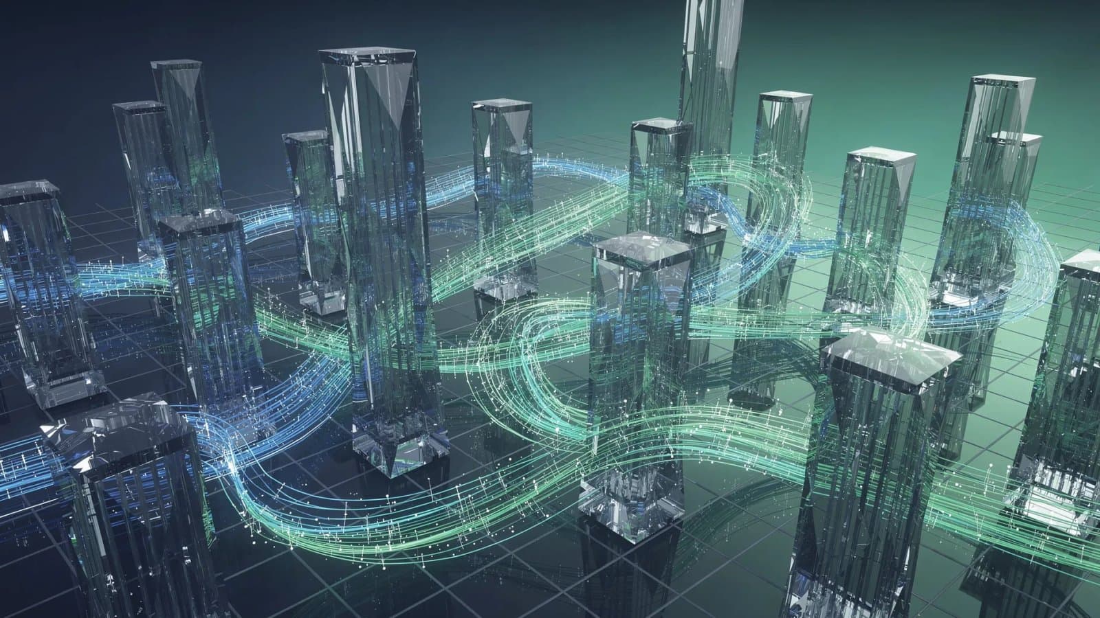 Illustration abstraite représentant des structures cristallines de serveurs et flux de données interconnectés en bleu profond et vert émeraude évoquant l'infrastructure numérique mondiale