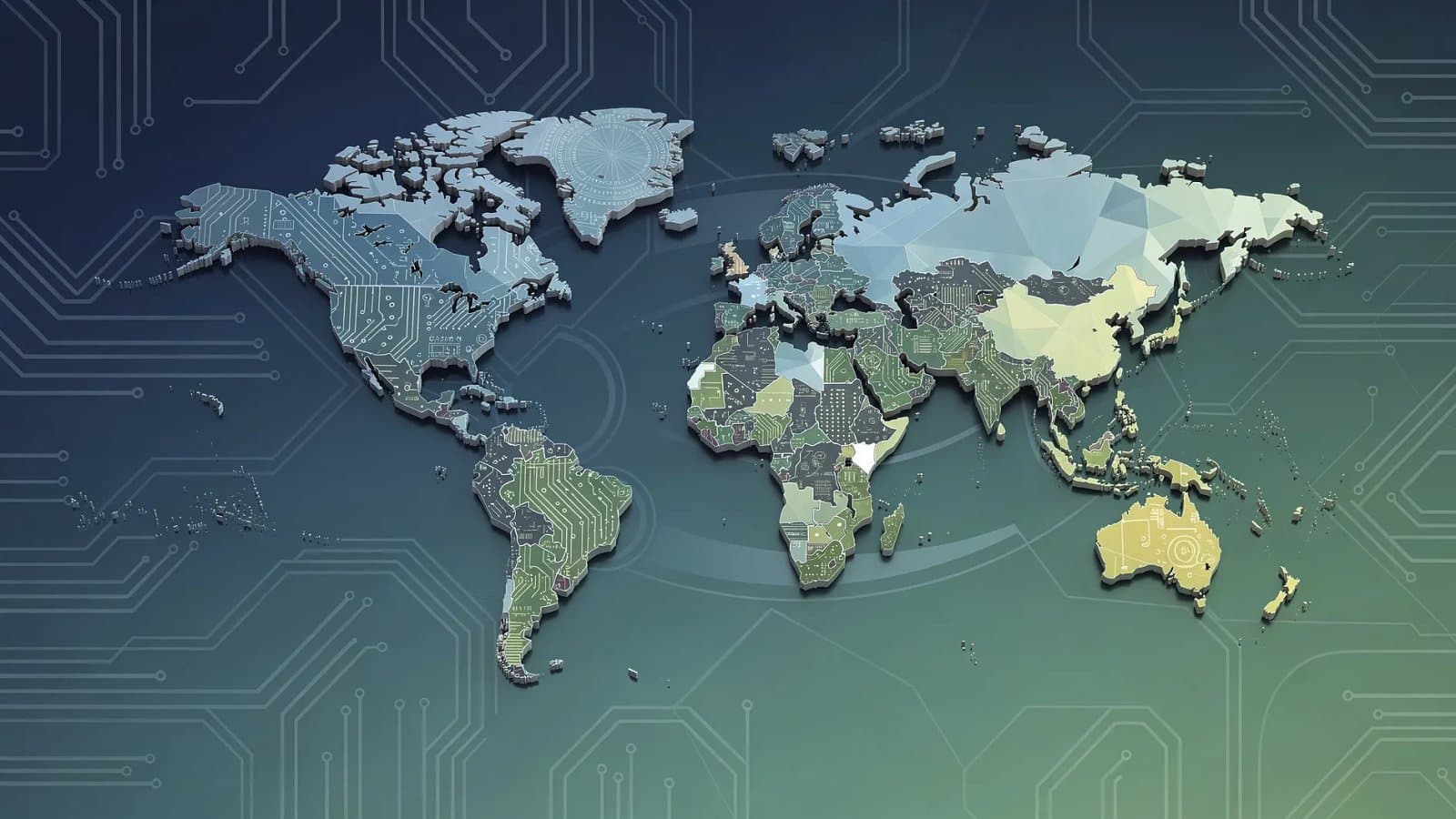 Visualisation abstraite de circuits de puces electroniques fracturés sur un fond de tensions commerciales entre l'Europe et la Chine