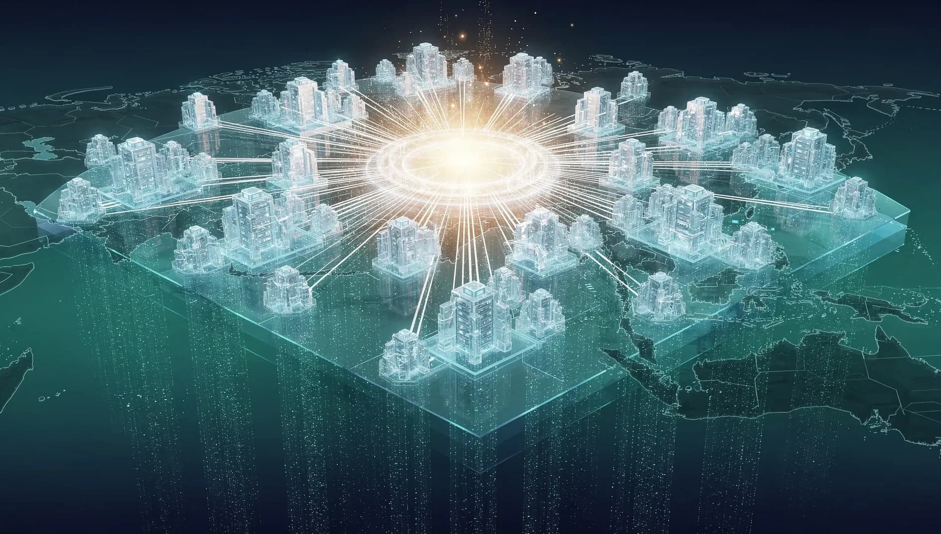 Visualisation abstraite d'une infrastructure cloud en dégradé bleu et vert, flux de données convergents et noeuds lumineux symbolisant l'investissement massif d'Alibaba dans l'intelligence artificielle