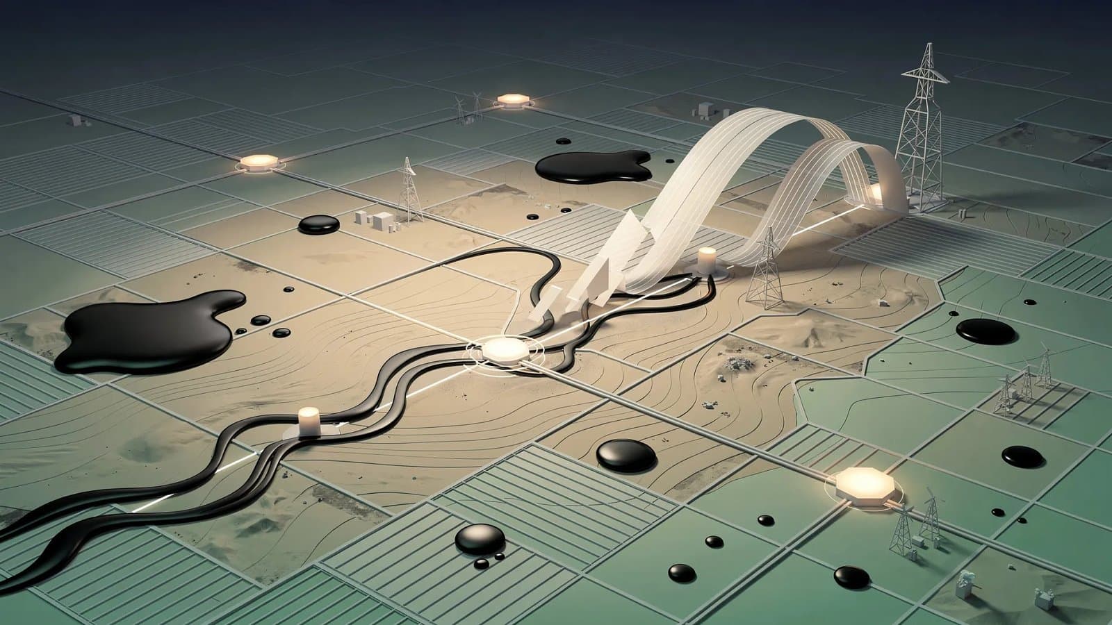Illustration abstraite evoquant des etendues foncieres et des flux de redevances energetiques du bassin permien