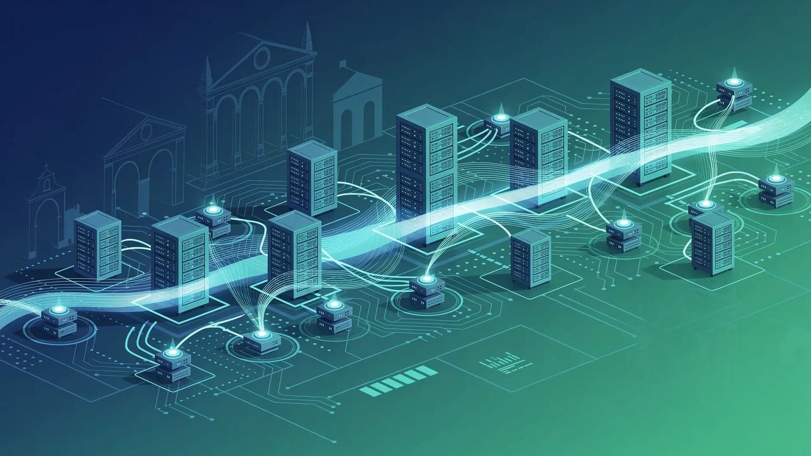 Visualisation abstraite d'une infrastructure de data center et de flux de données énergétiques, évoquant l'investissement numérique en Italie