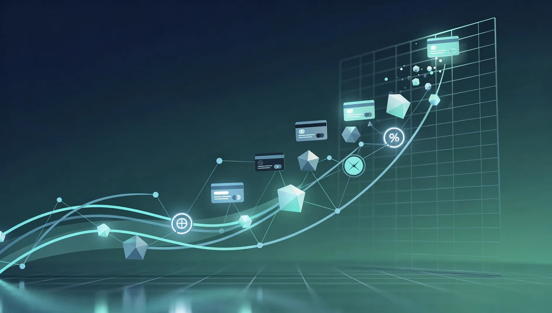 Illustration abstraite de flux de paiement numériques interconnectes evoquant la croissance d'une plateforme fintech