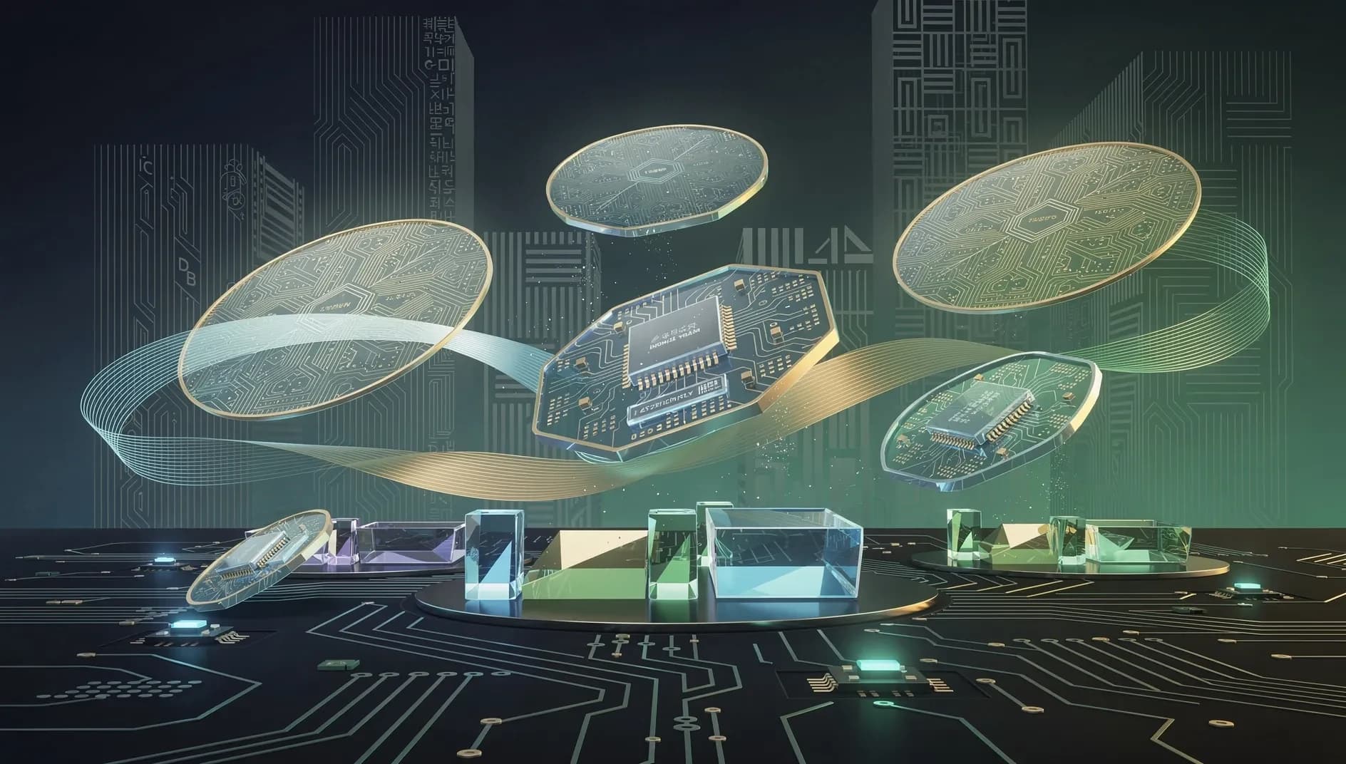 Illustration abstraite d'une chaîne de production de semiconducteurs en suspens, formes cristallines de plaquettes de silicium statiques sur fond bleu et vert