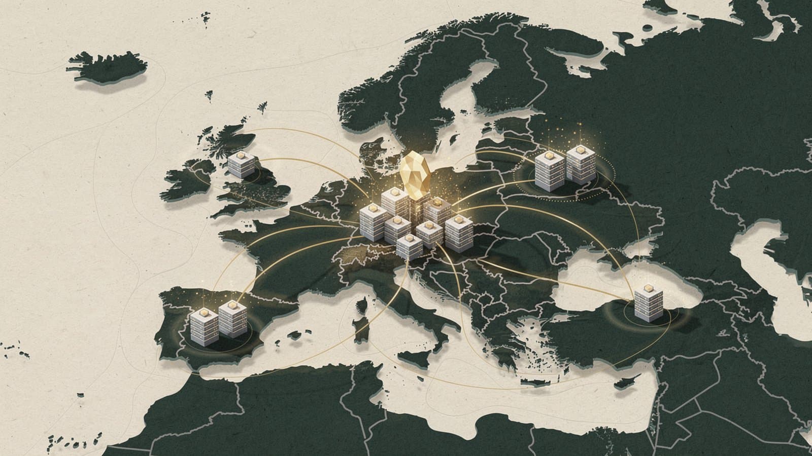 Cartographie isométrique du marché européen des data centers souverains avec hubs Paris, Francfort, Amsterdam