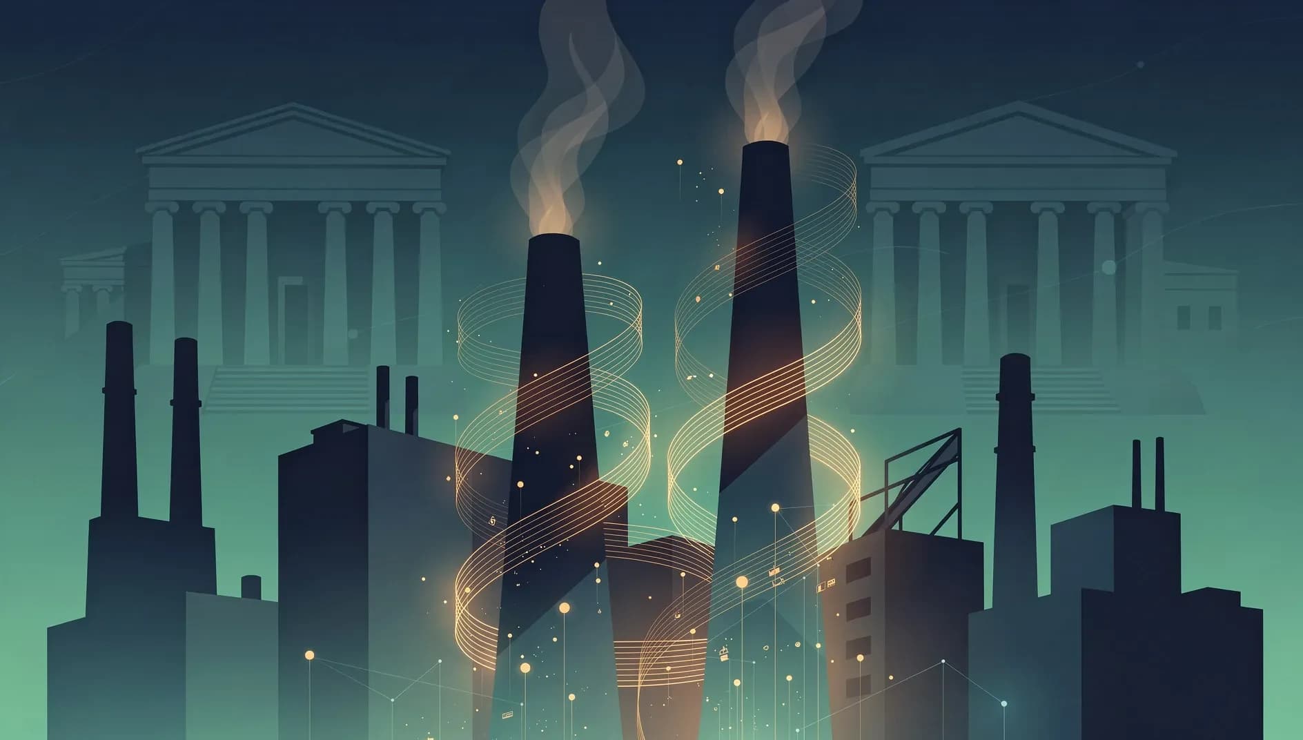 Visualisation abstraite du paradoxe de l'enquête manufacturière de la Fed de New York en mai 2026, conjuguant activité industrielle robuste et pressions inflationnistes ravivées