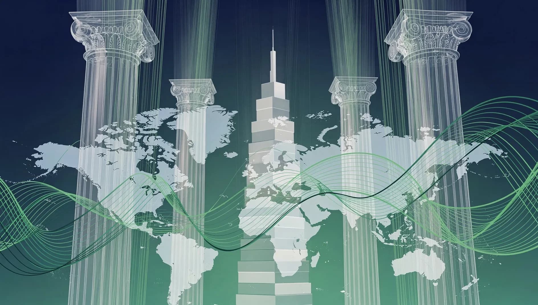Illustration abstraite évoquant la pression mondiale sur les marchés obligataires, courbes ascendantes de rendements souverains traversant l'architecture institutionnelle européenne, dégradé bleu nuit et vert émeraude