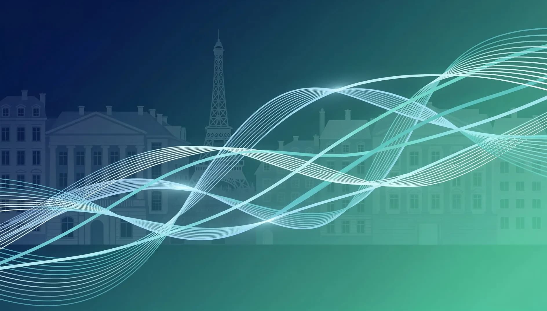 Illustration abstraite de courbes de rendements souverains ascendantes traversant une architecture institutionnelle parisienne, dégradé bleu nuit et vert émeraude évoquant la tension obligataire mondiale