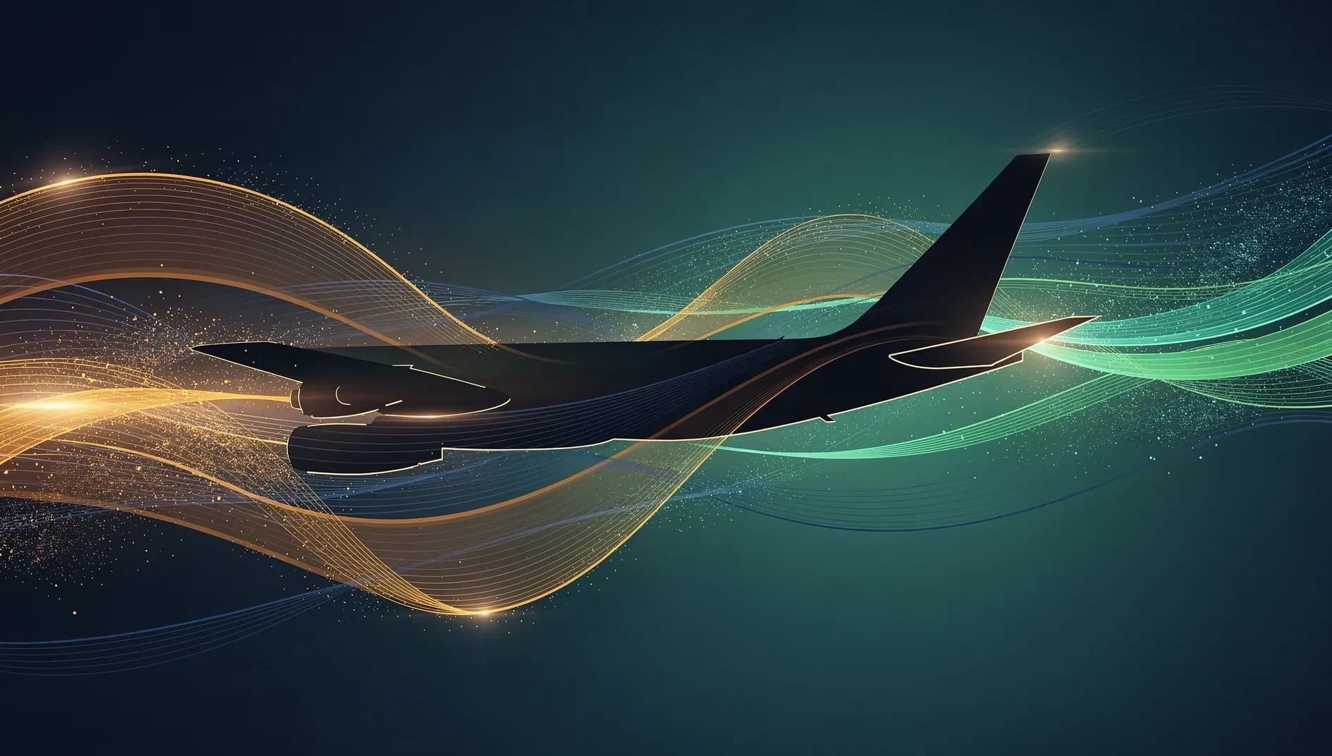 Illustration abstraite d'une voilure d'avion stylisée traversant des flux de carburant ambrés et bleus, évoquant la couverture pétrolière de Ryanair face à la crise du kérosène