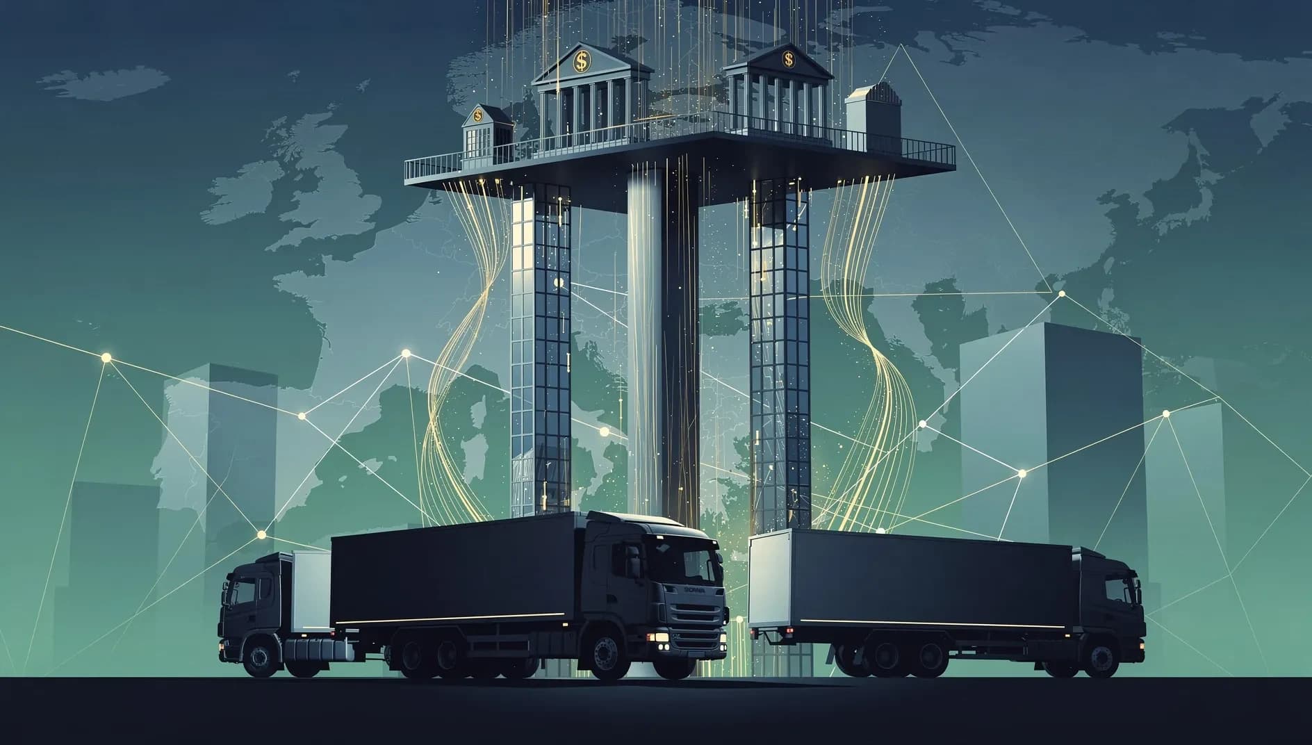 Illustration abstraite évoquant un parc européen de véhicules industriels et la circulation de capitaux financiers vers une plateforme d'infrastructure.
