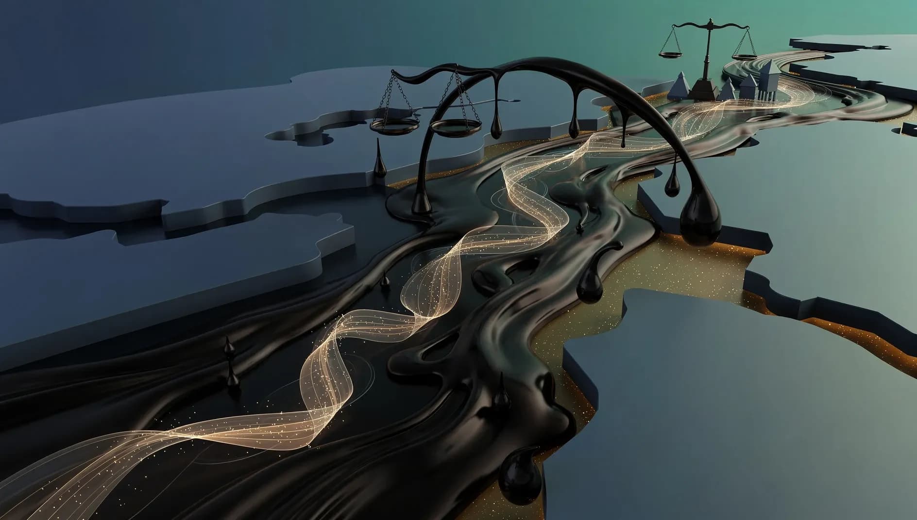 Illustration abstraite de courants pétroliers sombres traversant un détroit géopolitique, évoquant la suspension temporaire des sanctions et la fragilité des flux énergétiques mondiaux