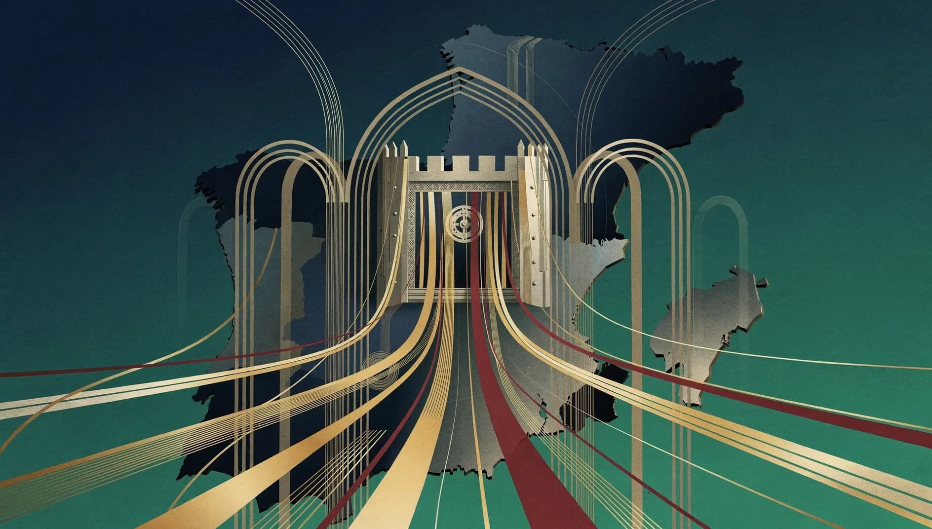 Illustration abstraite de flux de capitaux institutionnels convergeant vers une architecture financière souveraine espagnole, dans des dégradés bleu profond et vert émeraude.