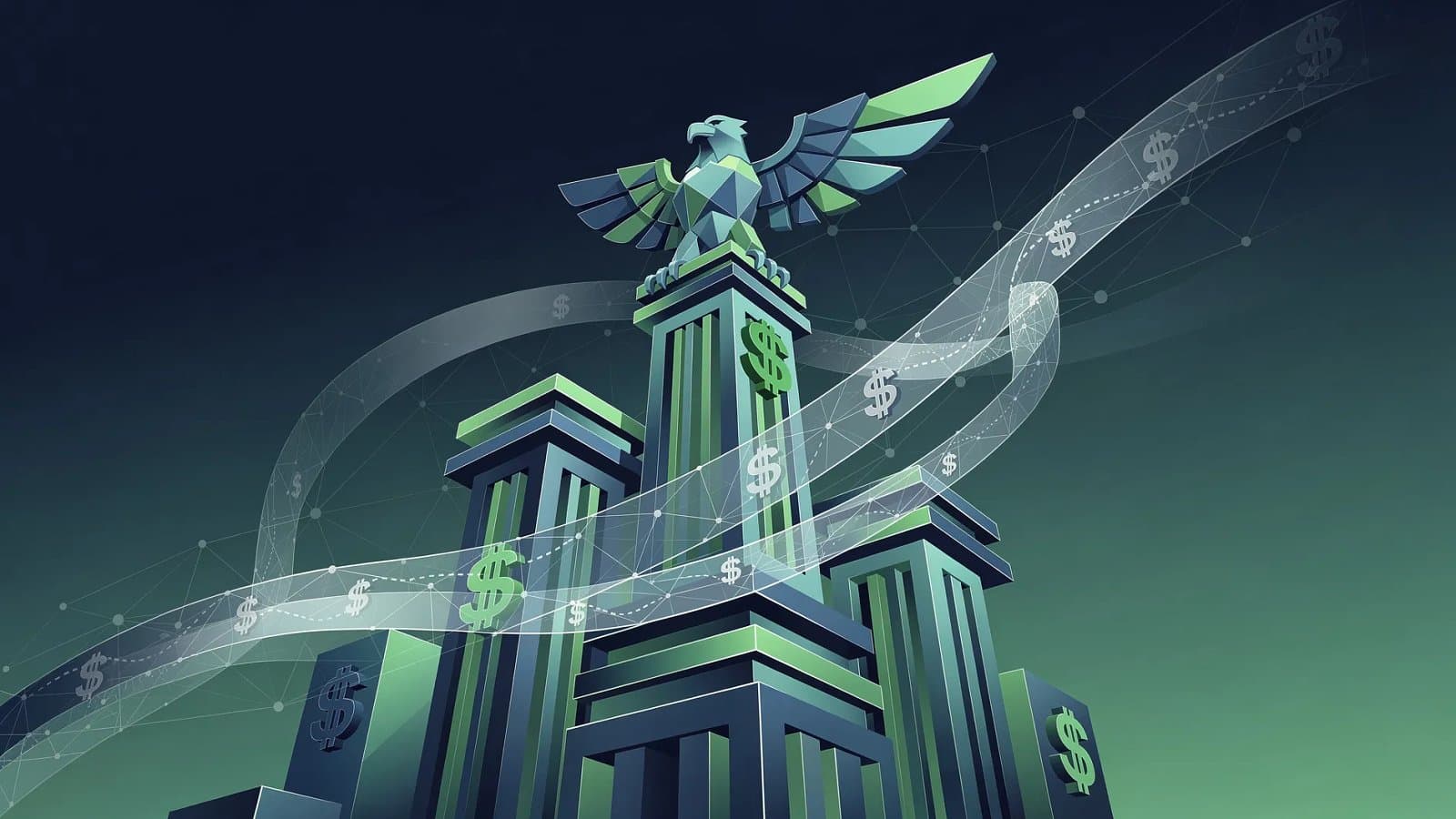 Illustration abstraite de la hausse du Treasury américain à 30 ans, formes ascendantes en dégradé bleu et vert symbolisant la tension obligataire mondiale