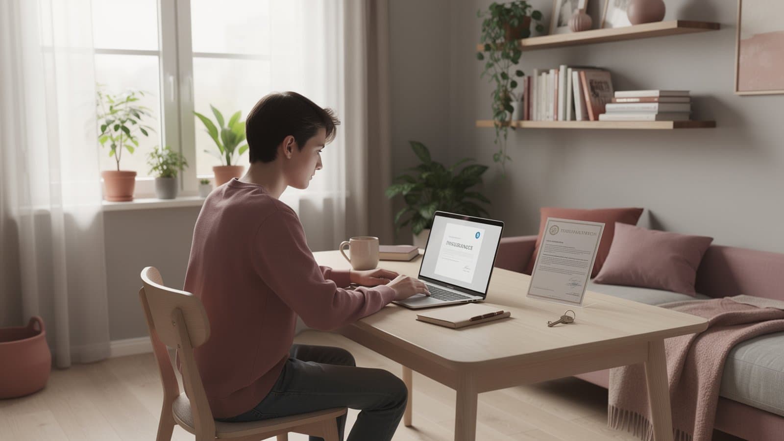 Étudiant dans un studio universitaire signant son contrat d'assurance habitation sur ordinateur portable