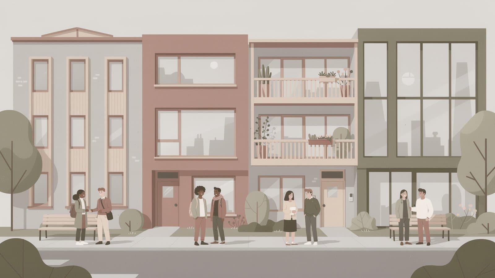 Plusieurs étudiants devant différents types de logements universitaires (CROUS, studio, colocation, résidence services)