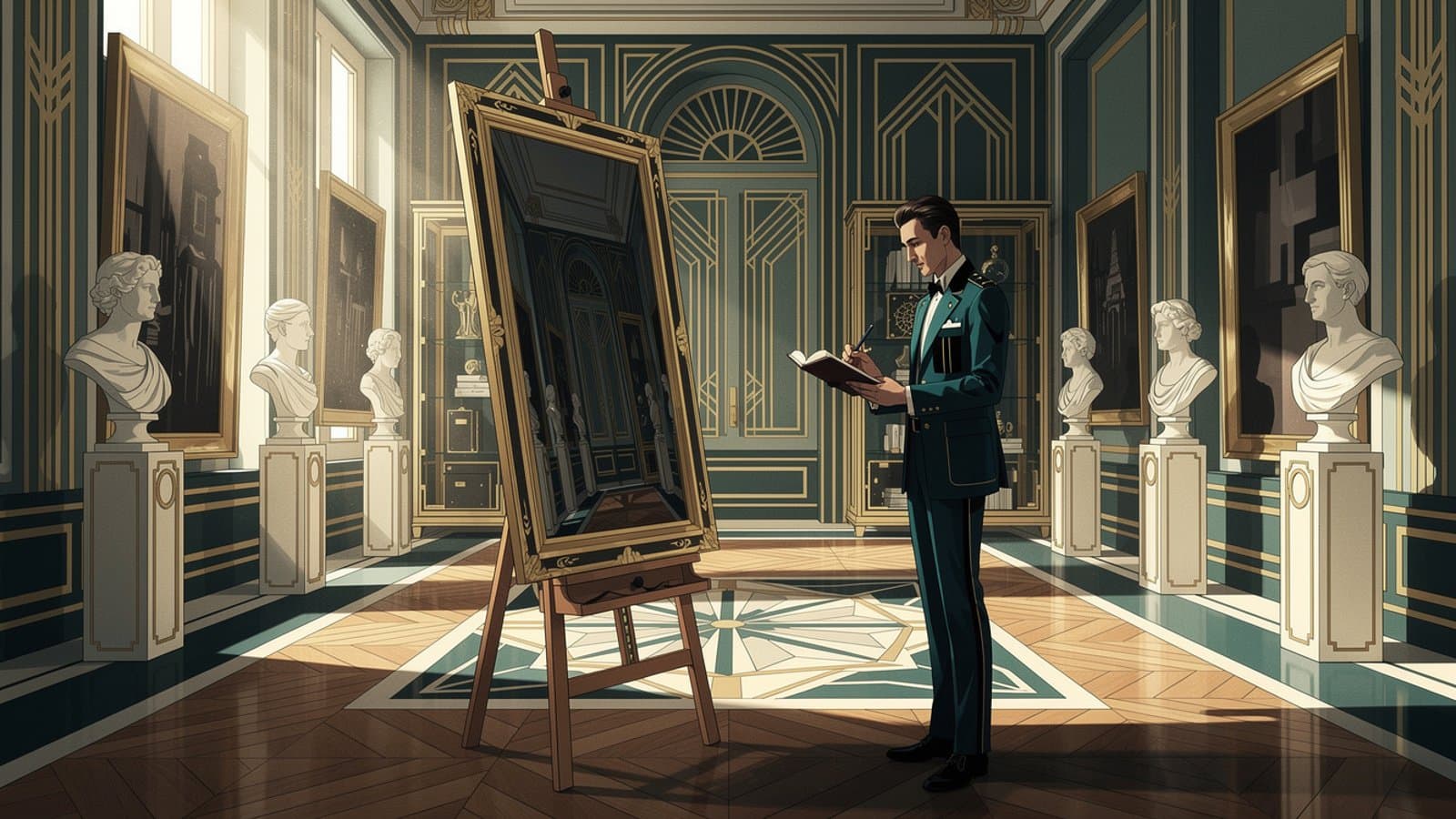 Expert en assurance dressant l'inventaire d'une collection d'art dans une demeure de prestige