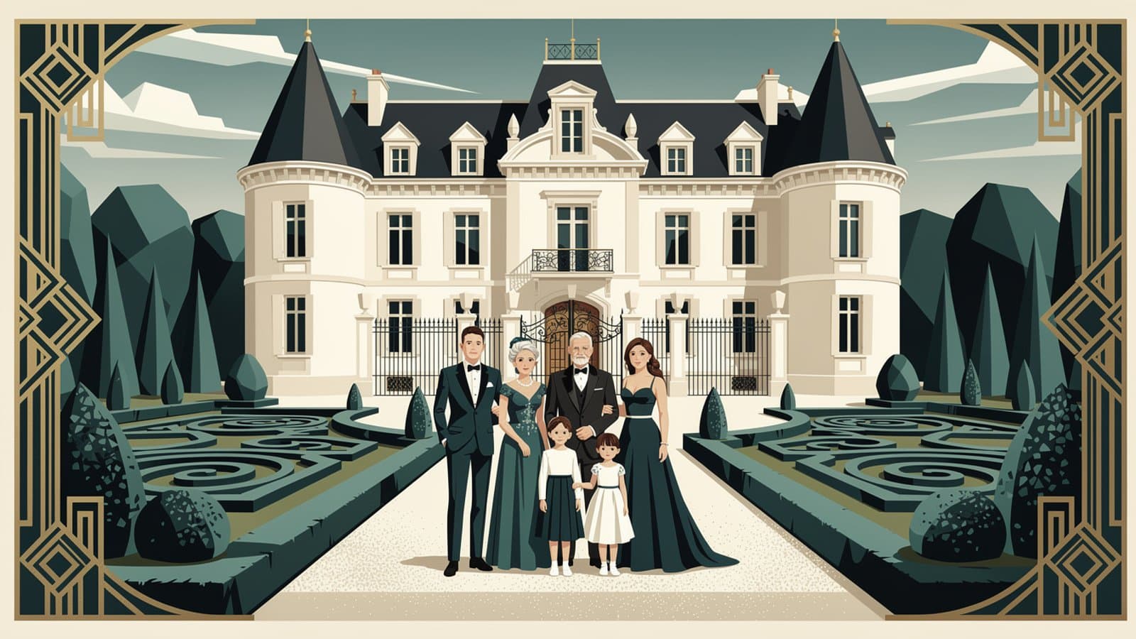 Famille devant son château de famille protégé par une assurance premium adaptée à son patrimoine