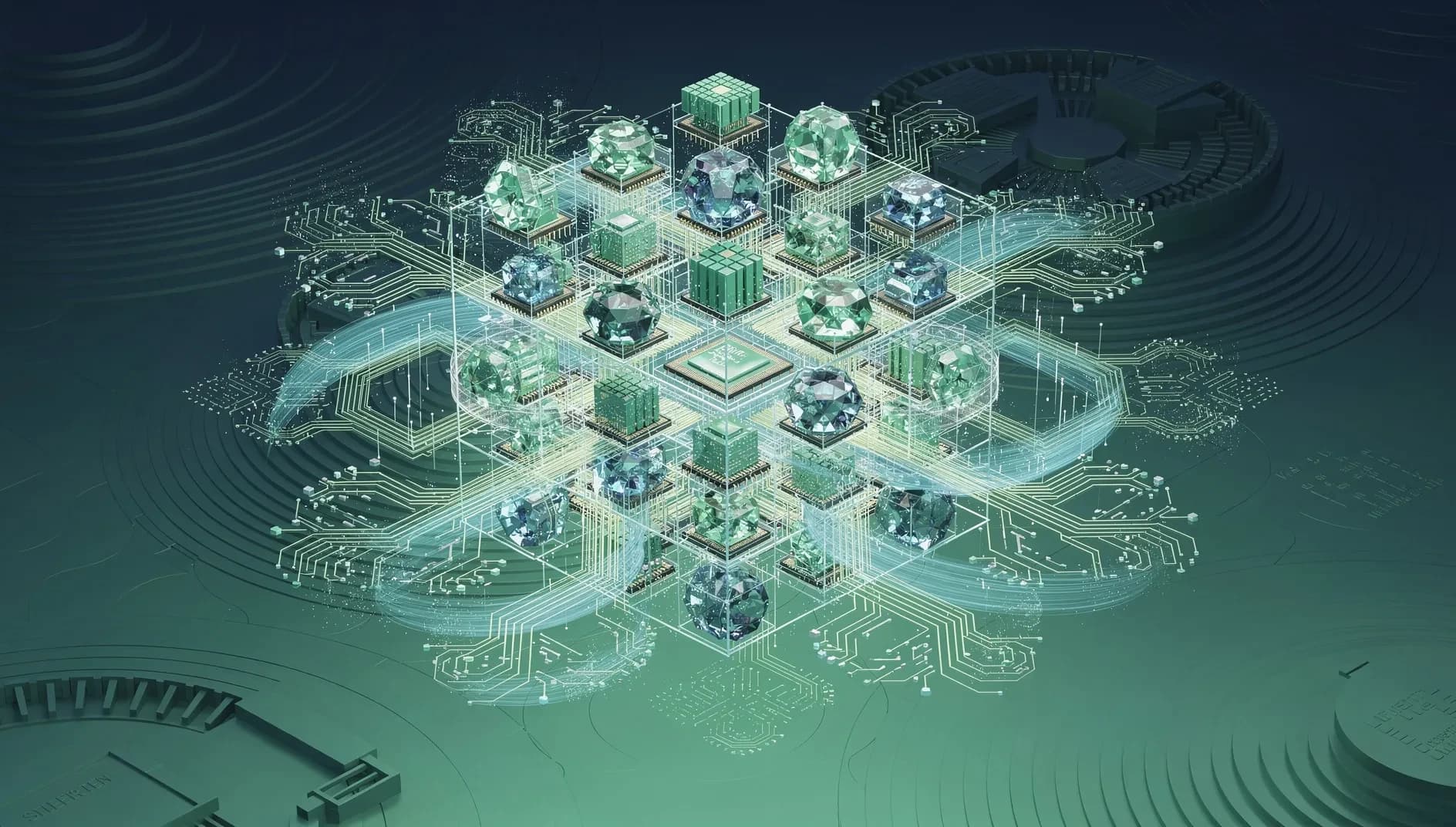 Visualisation abstraite d'une infrastructure de processeurs graphiques pour l'intelligence artificielle, constellation de cristaux luminescents et flux de données entrelacés