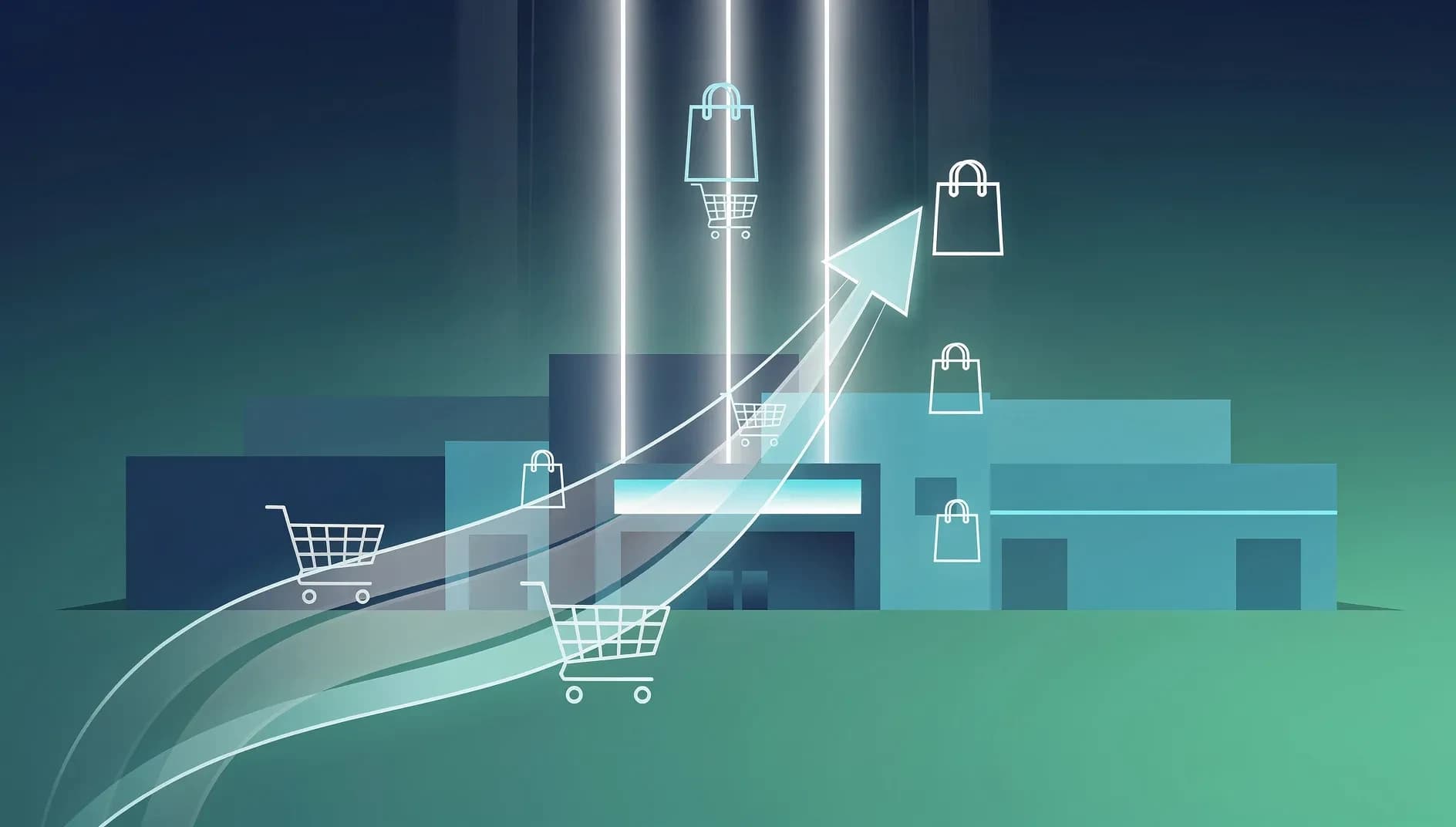 Illustration abstraite de flux de commerce de distribution, structures urbaines stylisées et flux de capitaux convergents en dégradé bleu et vert profond