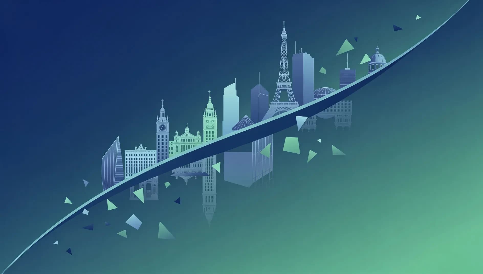 Visualisation abstraite d'une courbe descendante traversant un horizon européen stylisé, traduisant la contraction simultanée de l'activité dans toute la zone euro.