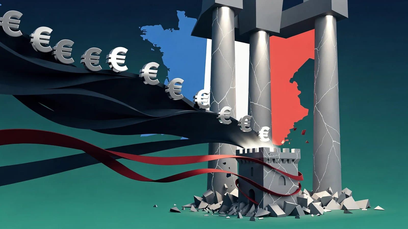 Visualisation abstraite de la pression budgétaire française : pilliers institutionnels sous tension et flux monétaires descendants