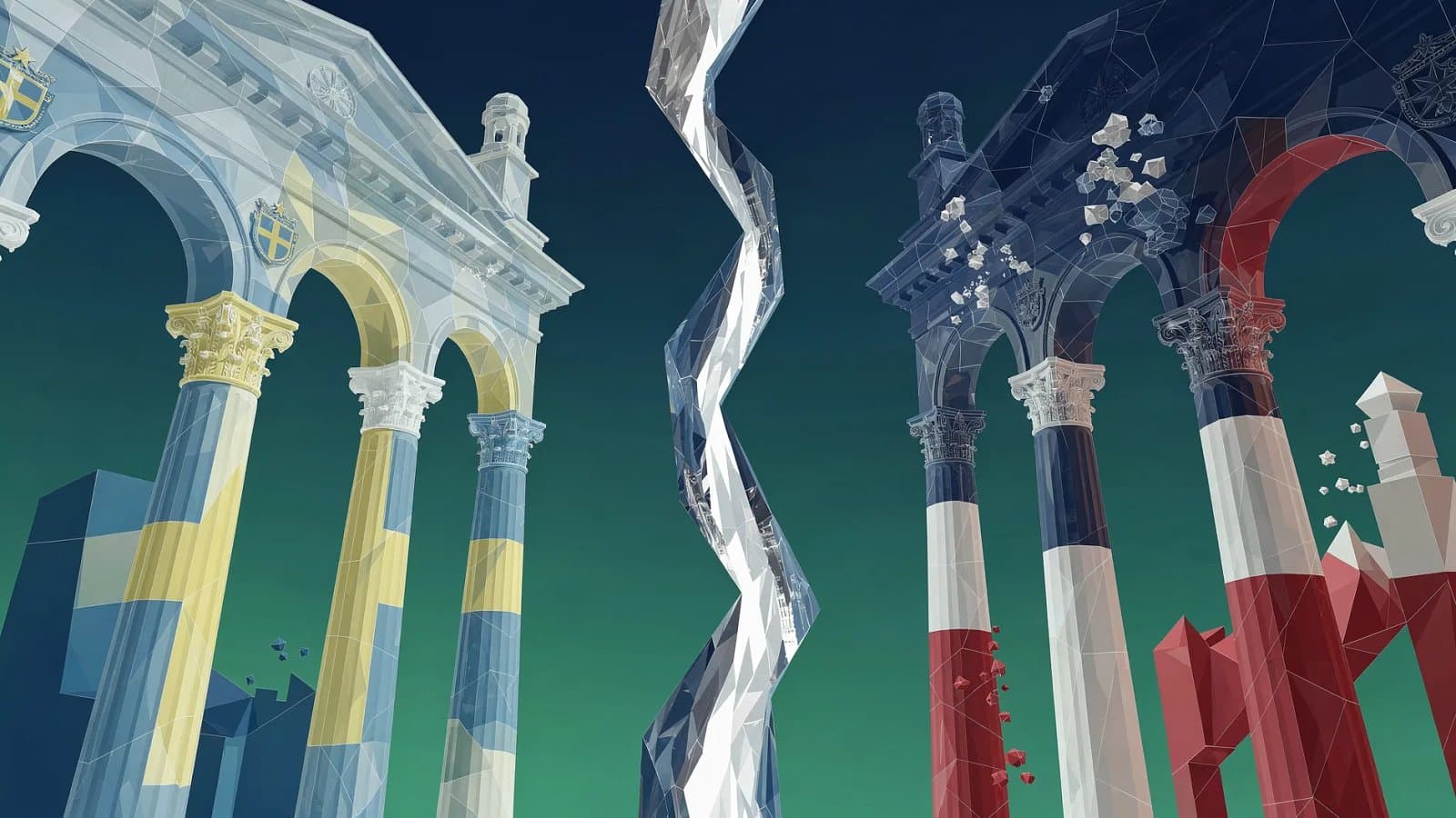 Illustration abstraite de deux univers réglementaires européens séparés par une frontière cristalline, évoquant la divergence entre la France et la Suède sur les sachets de nicotine.